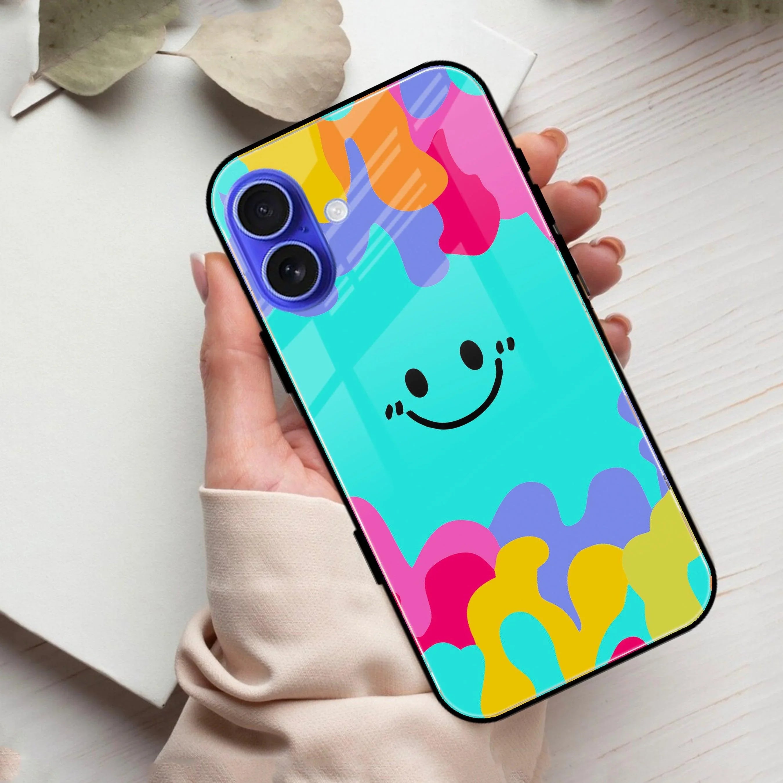 Cute Blue Smiley Multicolor Glass Case For iPhone - ShopOnCliQ