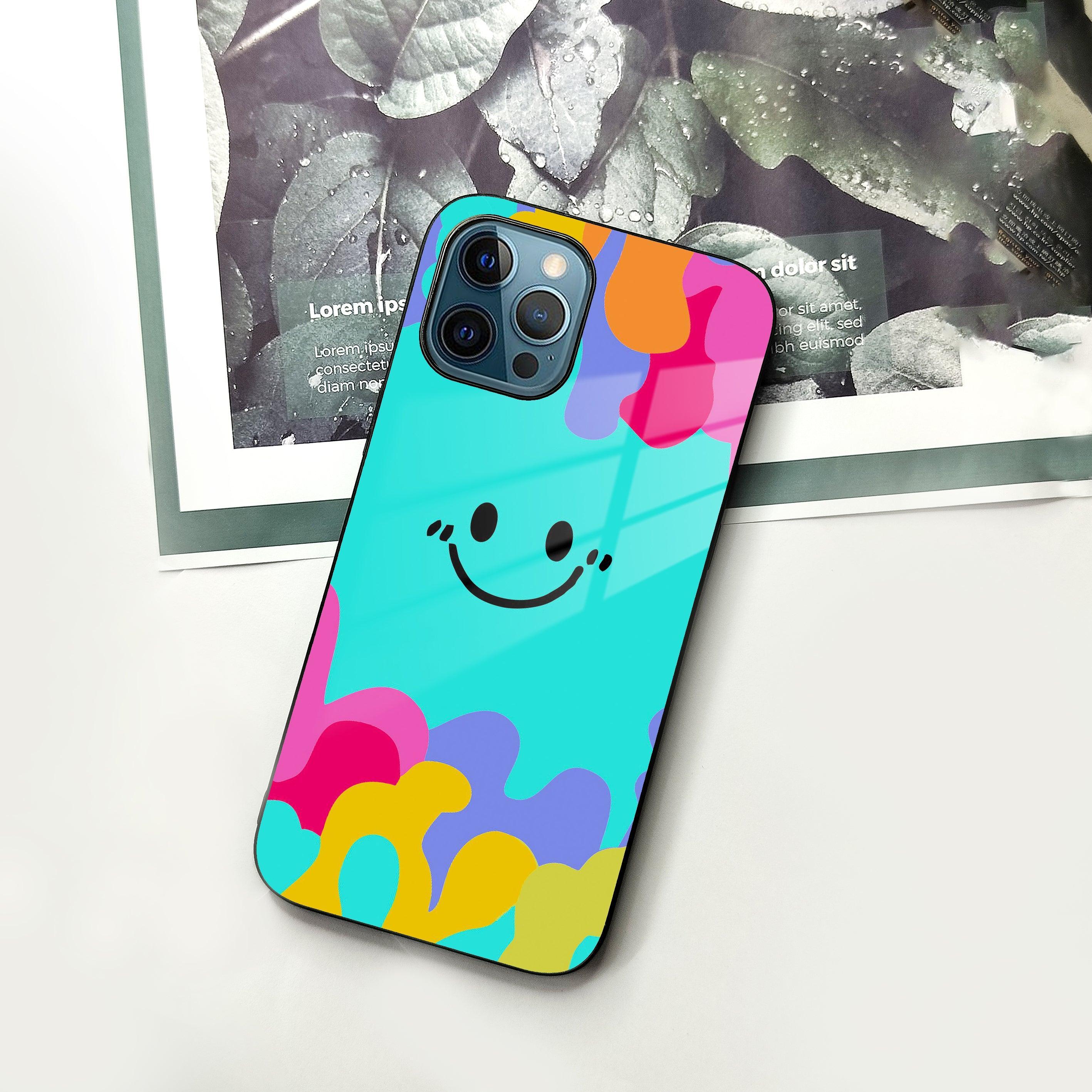 Cute Blue Smiley Multicolor Glass Case For iPhone - ShopOnCliQ