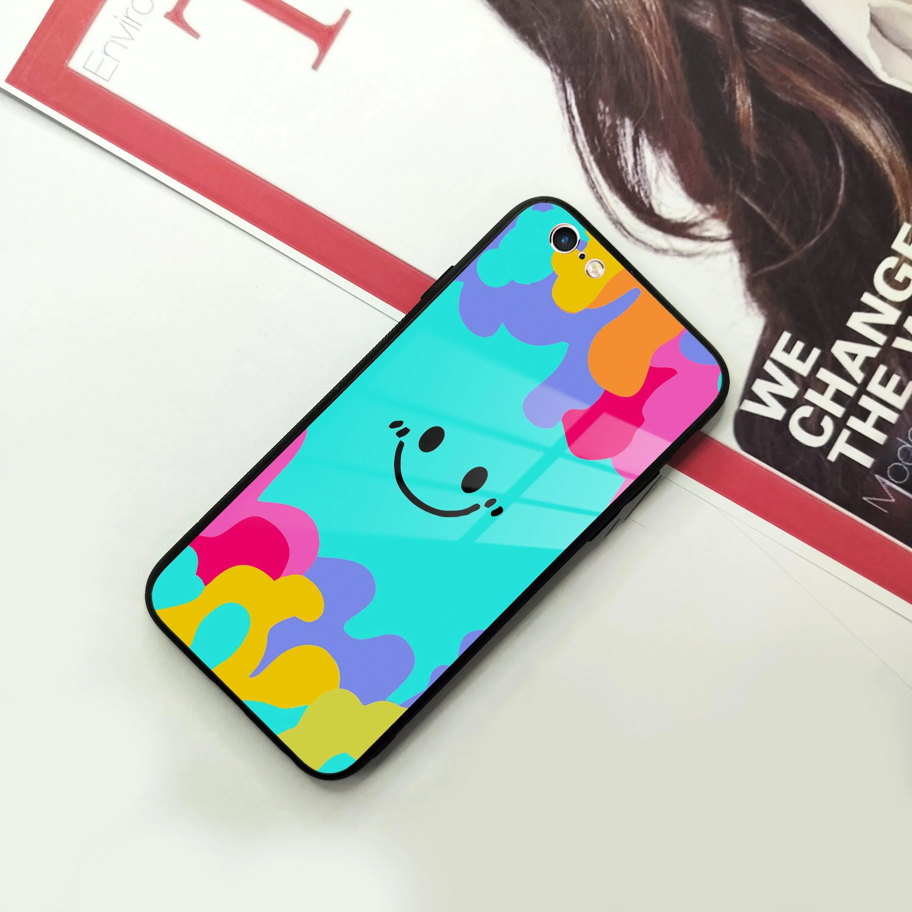 Cute Blue Smiley Multicolor Glass Case For iPhone - ShopOnCliQ