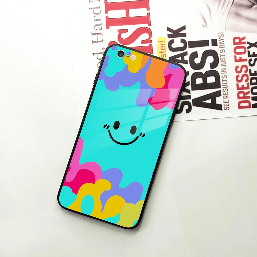 Cute Blue Smiley Multicolor Glass Case For iPhone - ShopOnCliQ