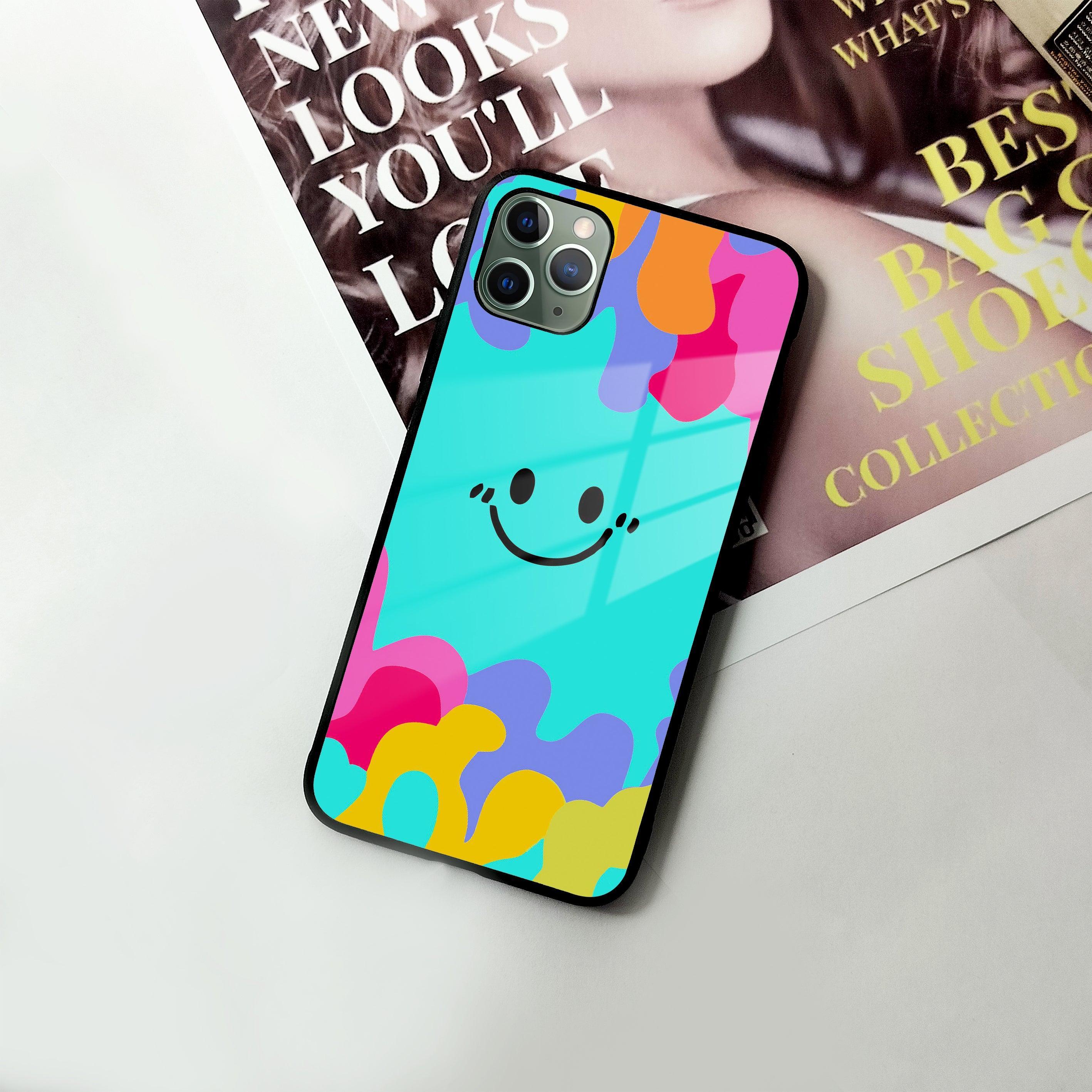Cute Blue Smiley Multicolor Glass Case For iPhone - ShopOnCliQ