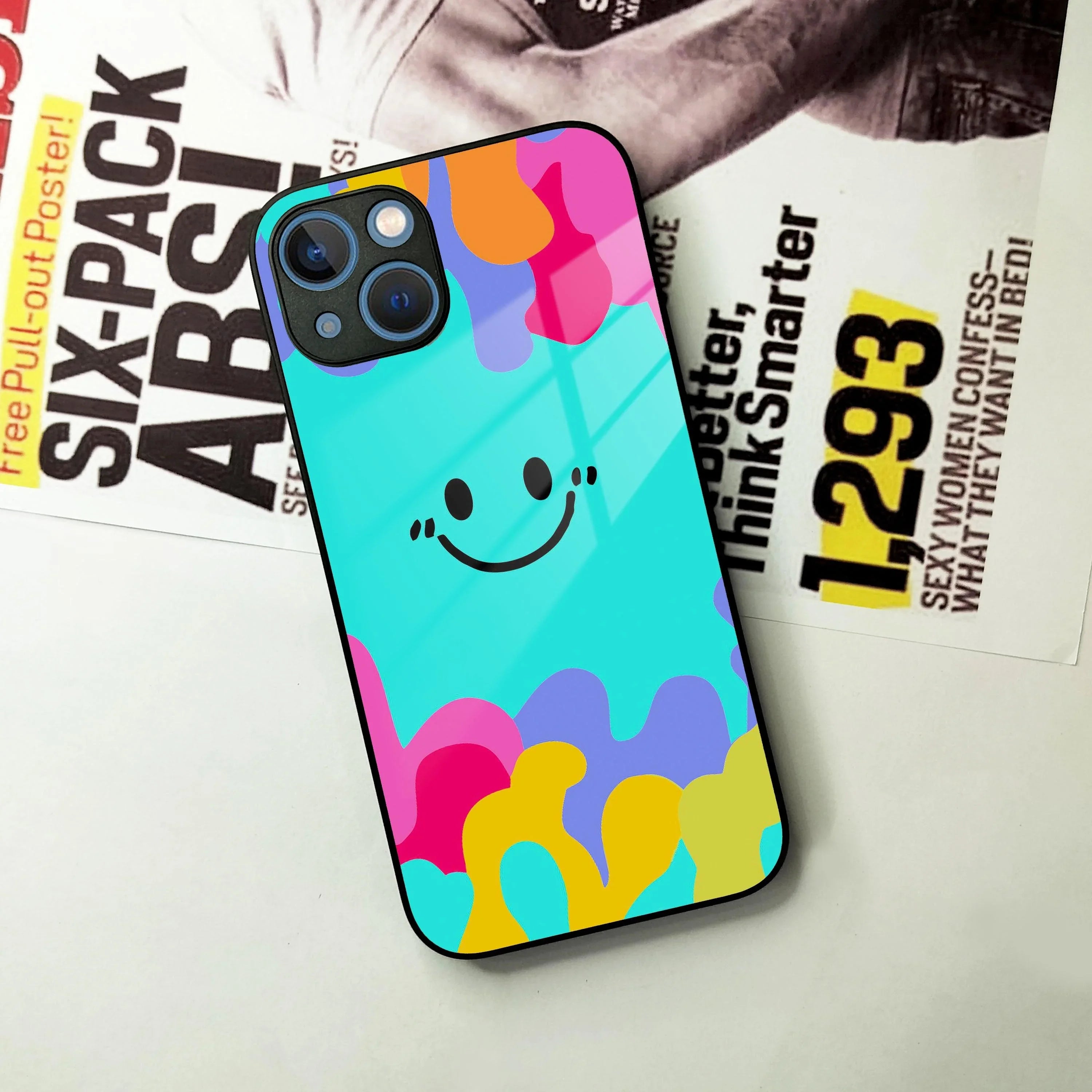 Cute Blue Smiley Multicolor Glass Case For iPhone - ShopOnCliQ