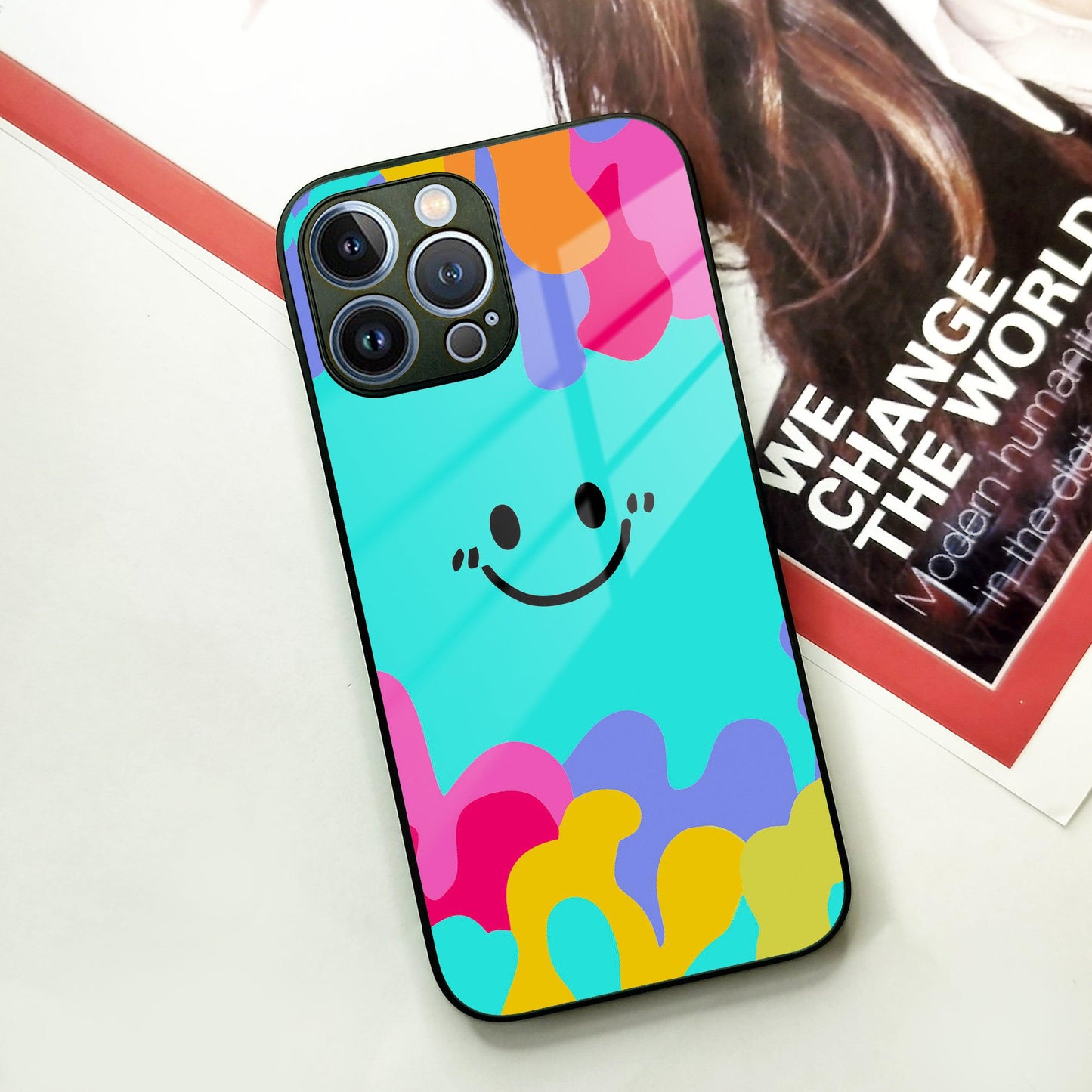 Cute Blue Smiley Multicolor Glass Case For iPhone