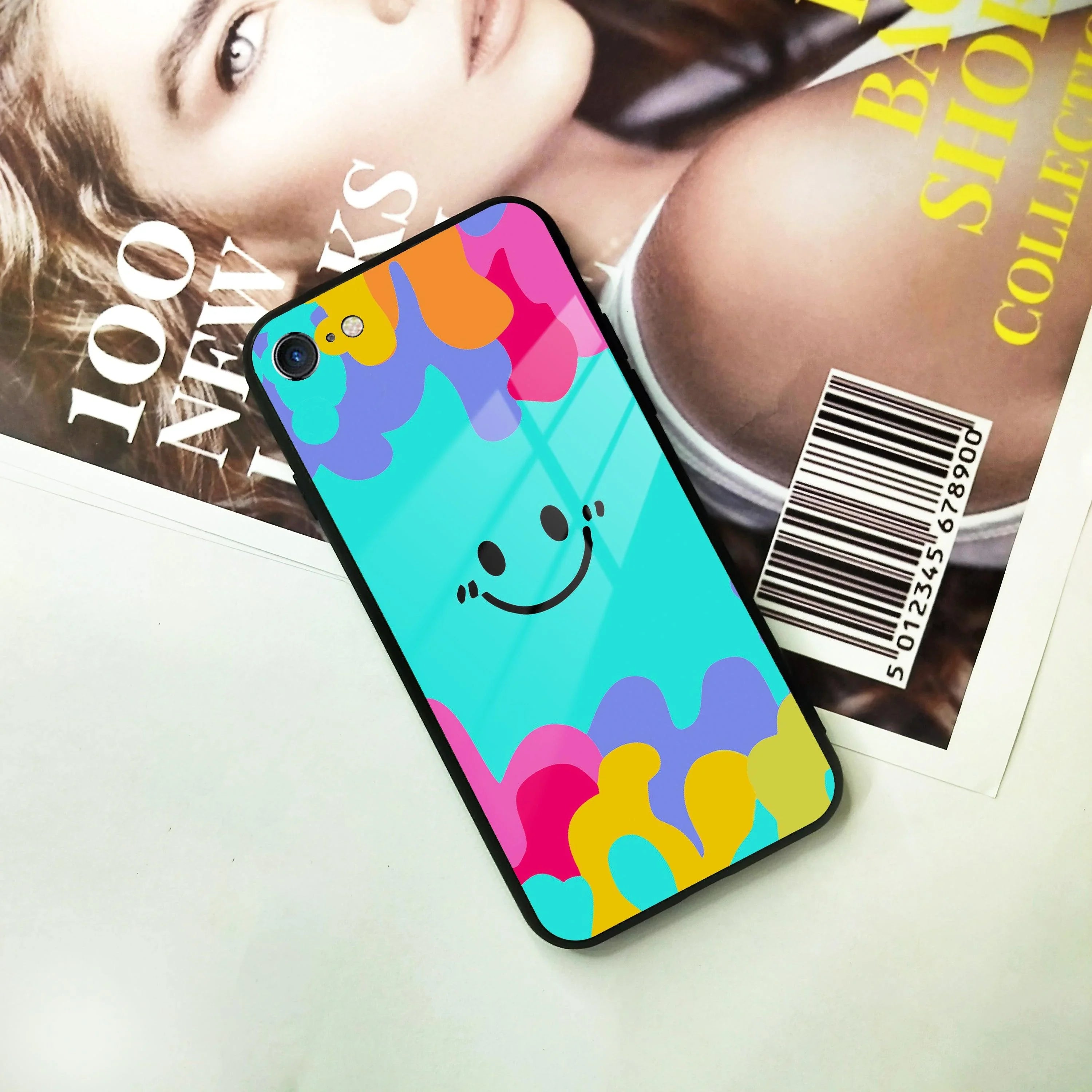 Cute Blue Smiley Multicolor Glass Case For iPhone - ShopOnCliQ