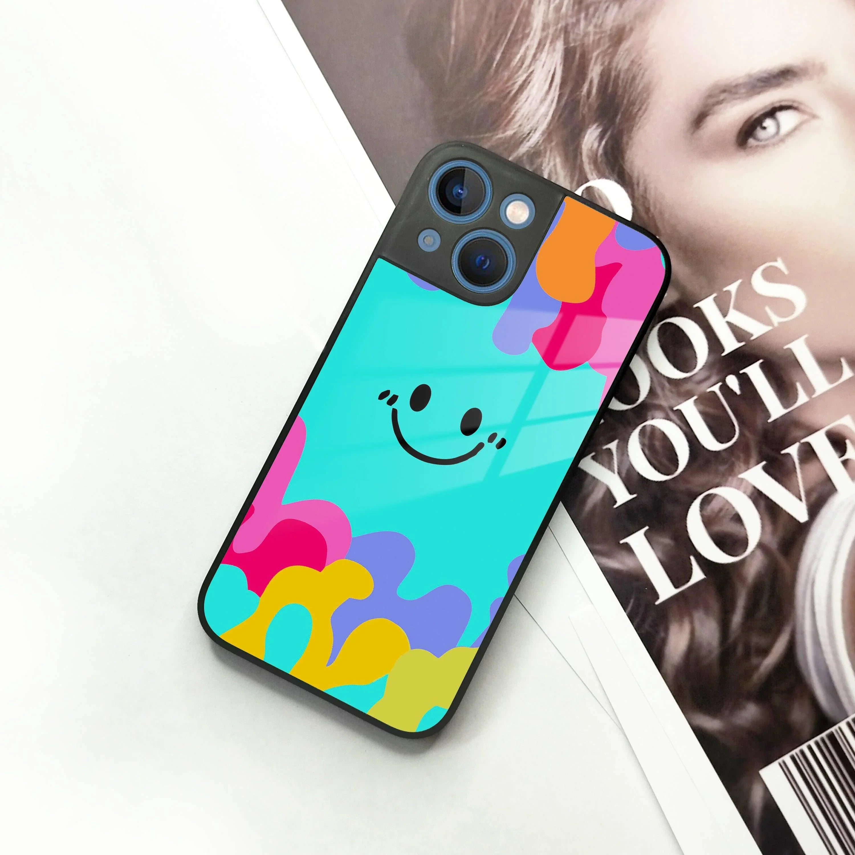 Cute Blue Smiley Multicolor Glass Case For iPhone - ShopOnCliQ
