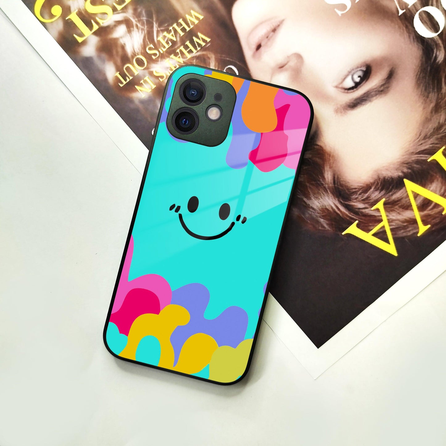 Cute Blue Smiley Multicolor Glass Case For iPhone