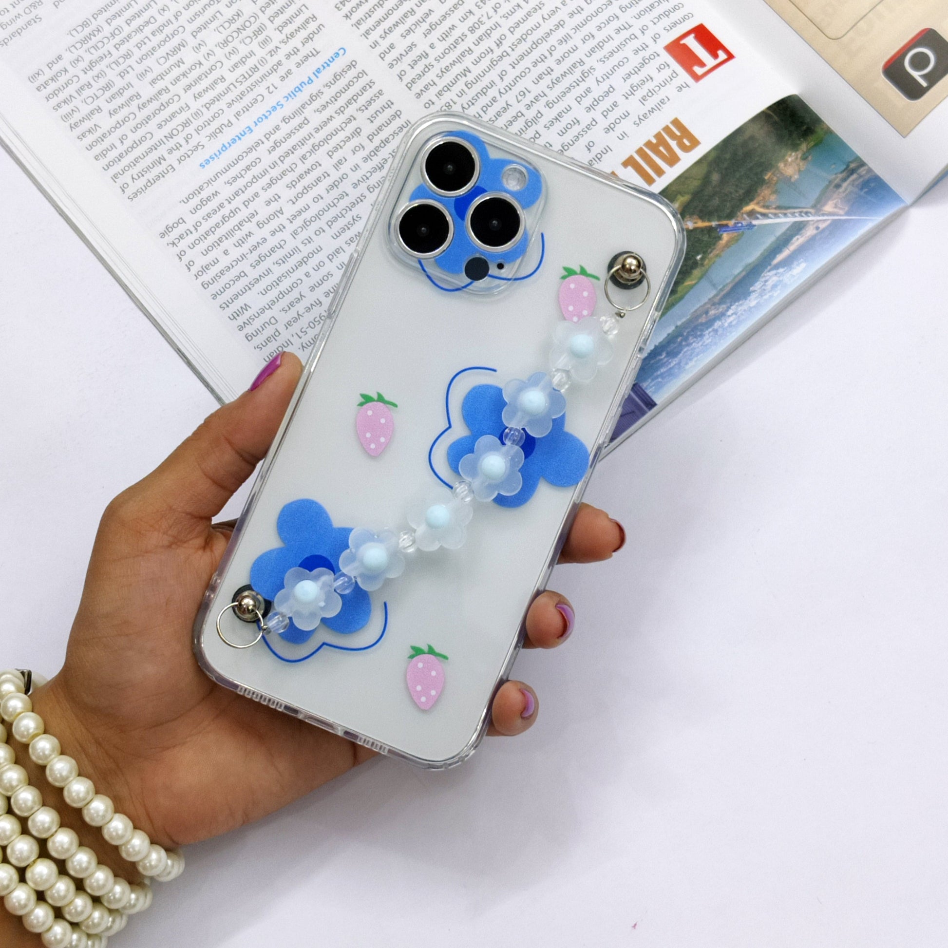 Cute Flowers Phone Case With Hand Chain iPhone ( Sky Blue Flower ) ShopOnCliQ