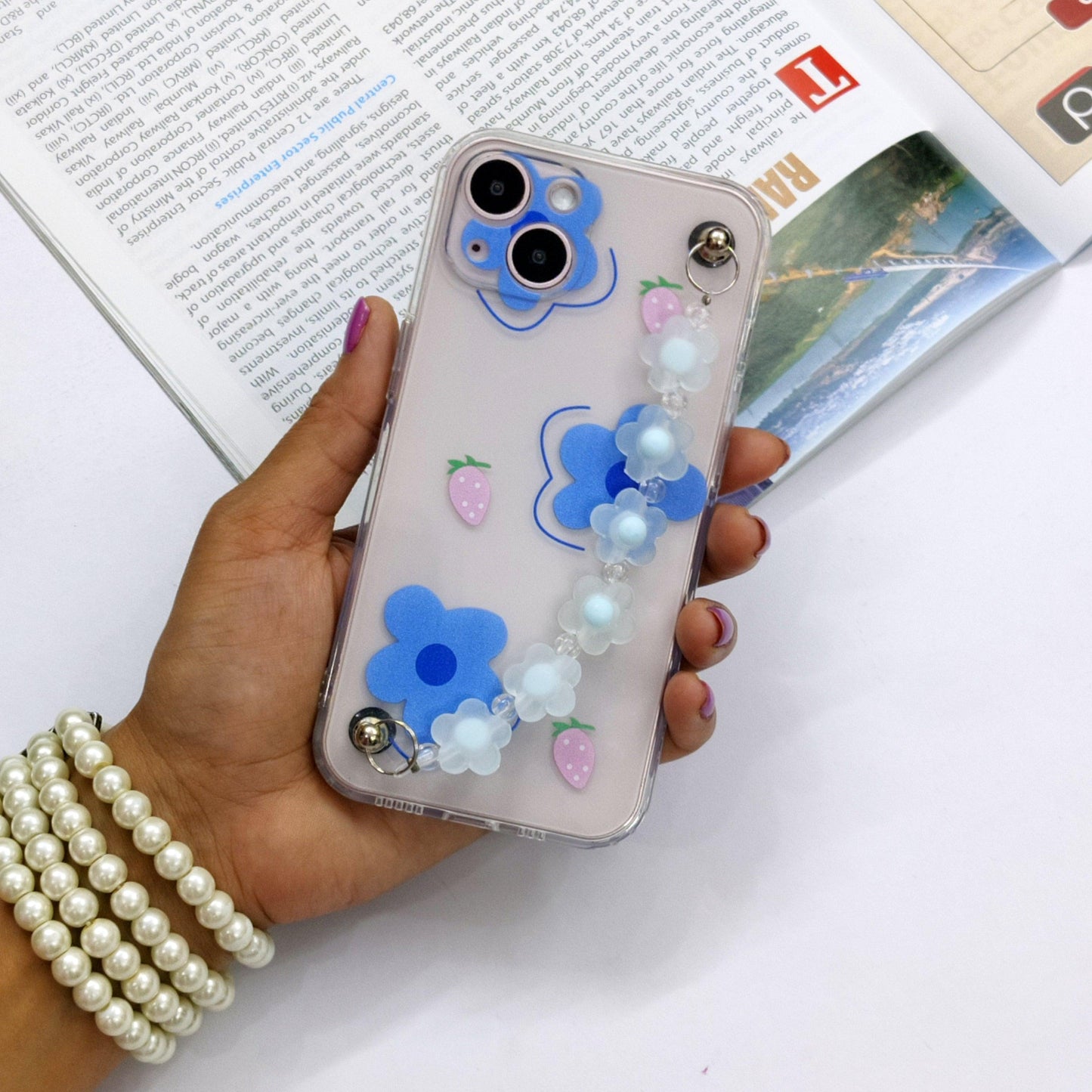 Cute Flowers Phone Case With Hand Chain iPhone ( Sky Blue Flower ) - ShopOnCliQ