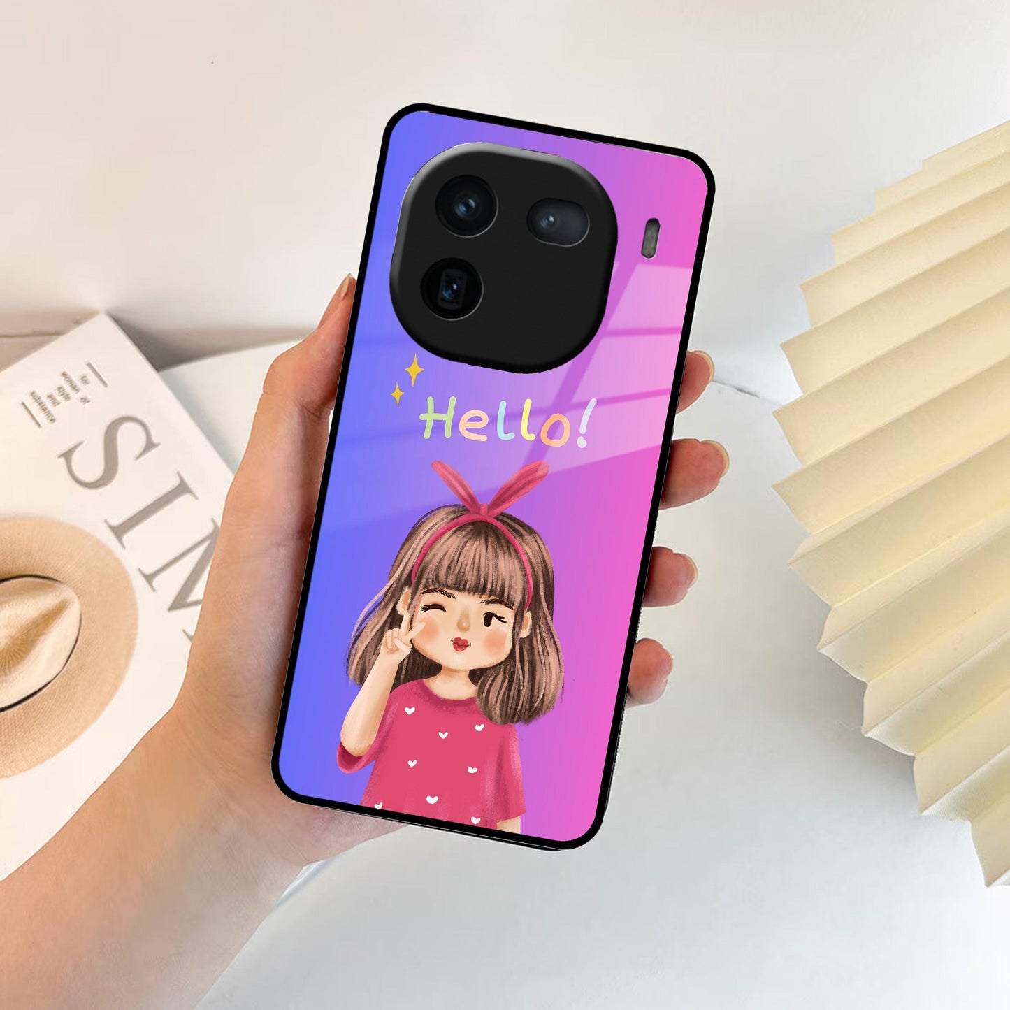 Cute Girl Hello Glass Case For iQOO