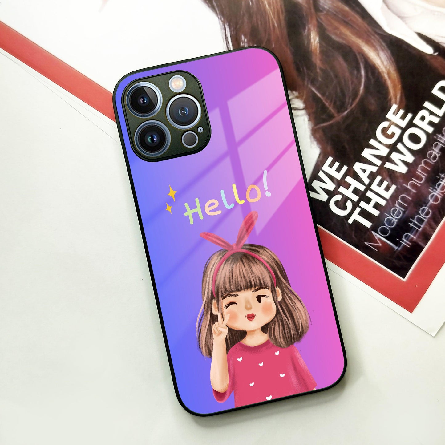 Cute Girl Hello Glass Case for iPhone