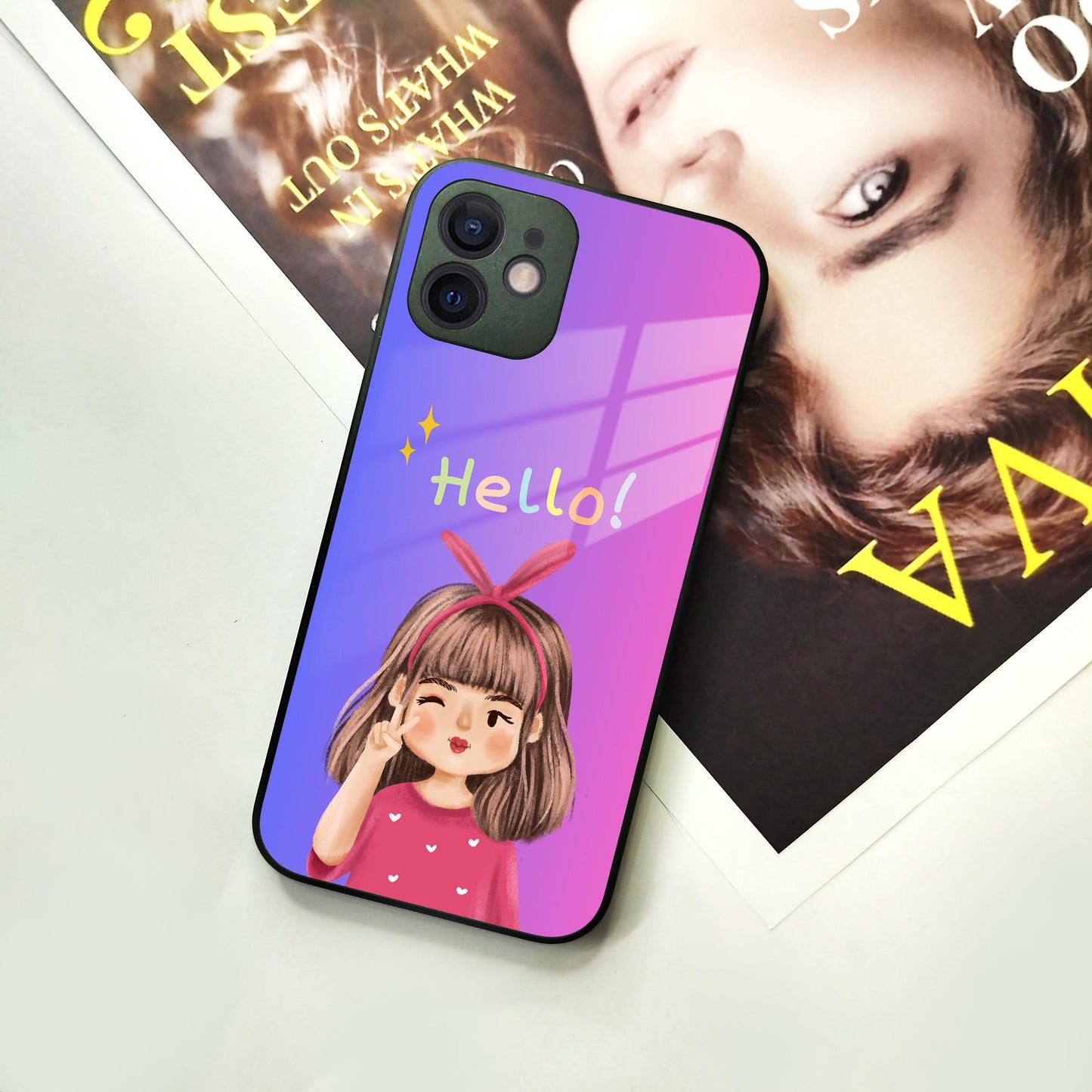Cute Girl Hello Glass Case for iPhone