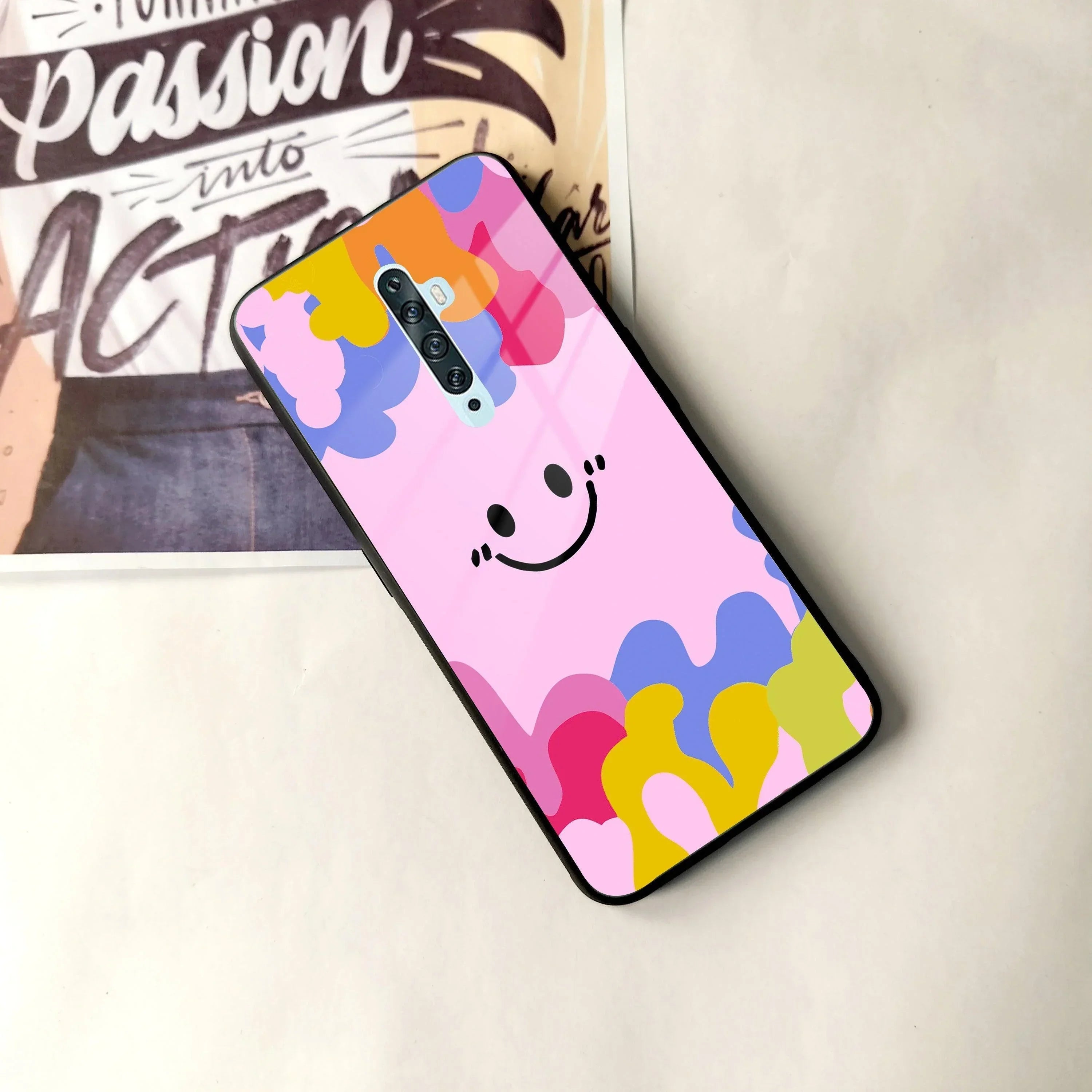 Cute Pink Smiley Multicolor Glass Case For Oppo - ShopOnCliQ
