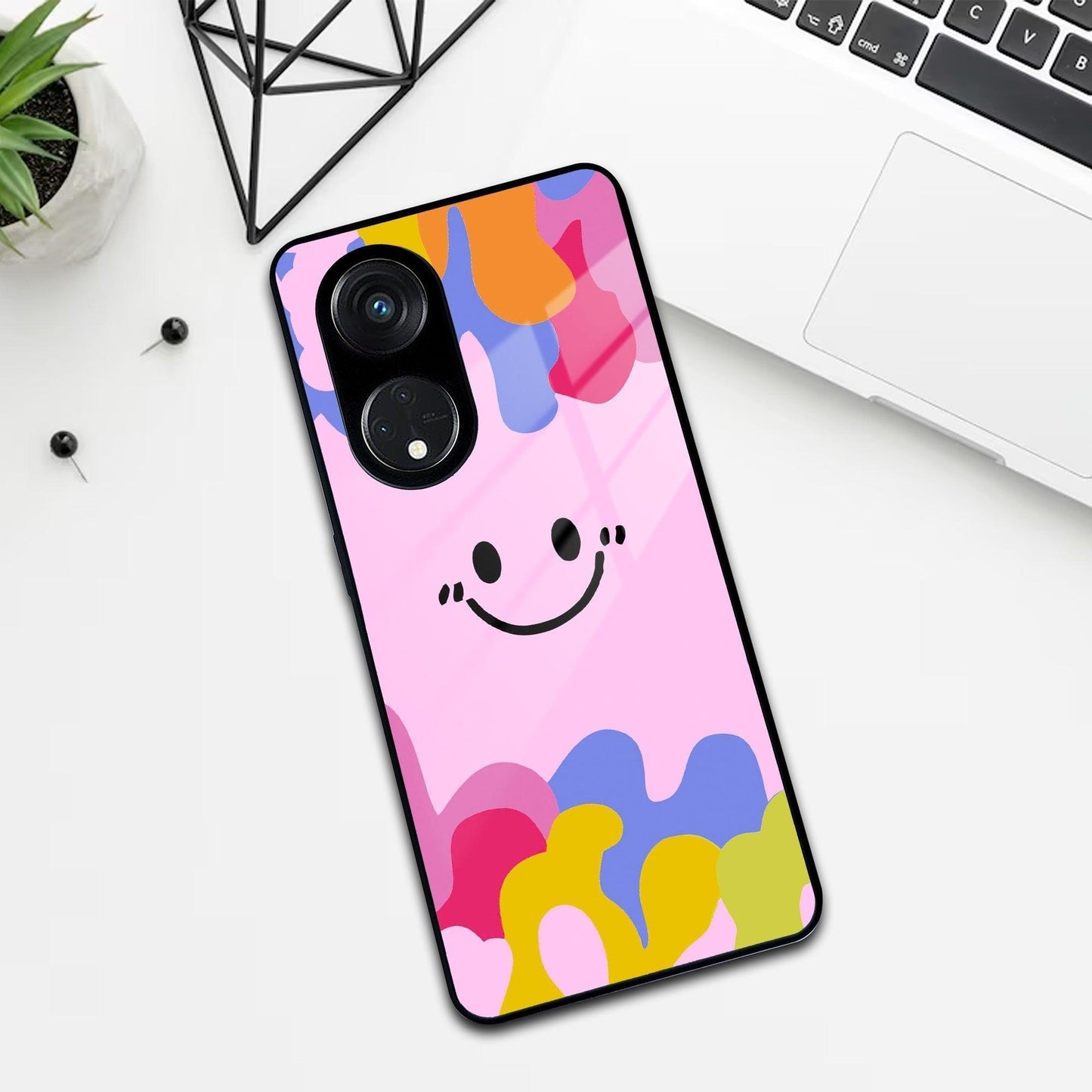 Cute Pink Smiley Multicolor Glass Case For Oppo