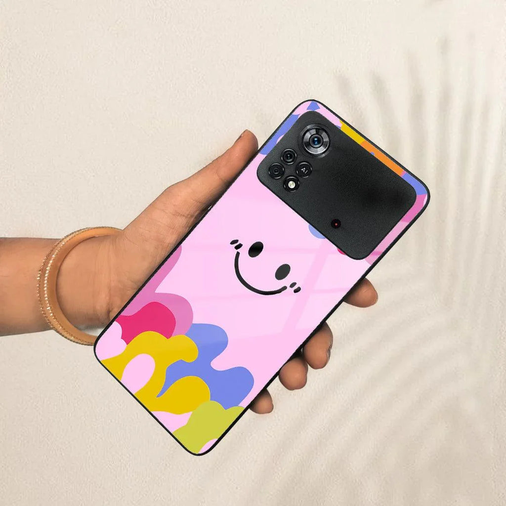 Cute Pink Smiley Multicolor Glass Case For Poco - ShopOnCliQ
