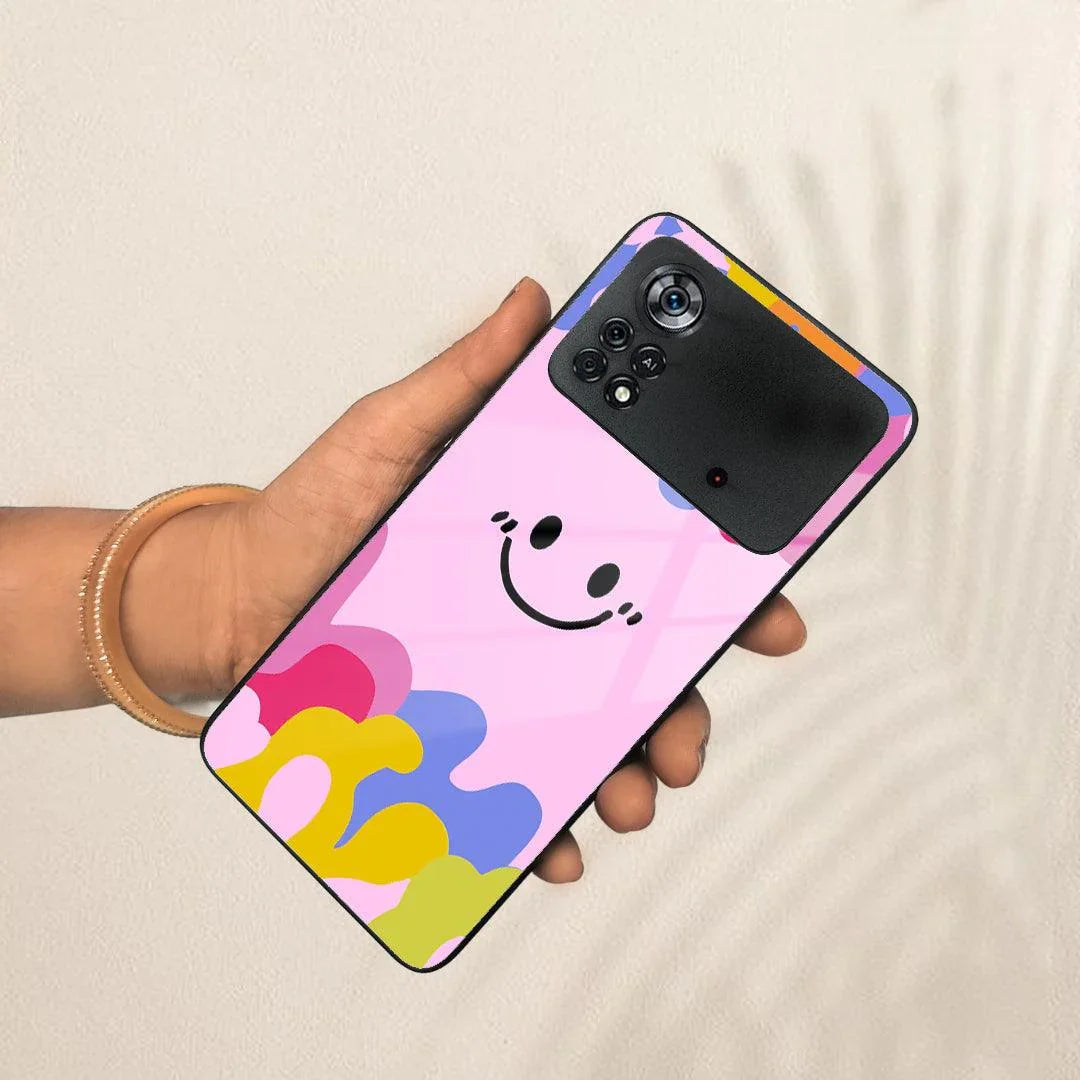 Cute Pink Smiley Multicolor Glass Case For Poco - ShopOnCliQ