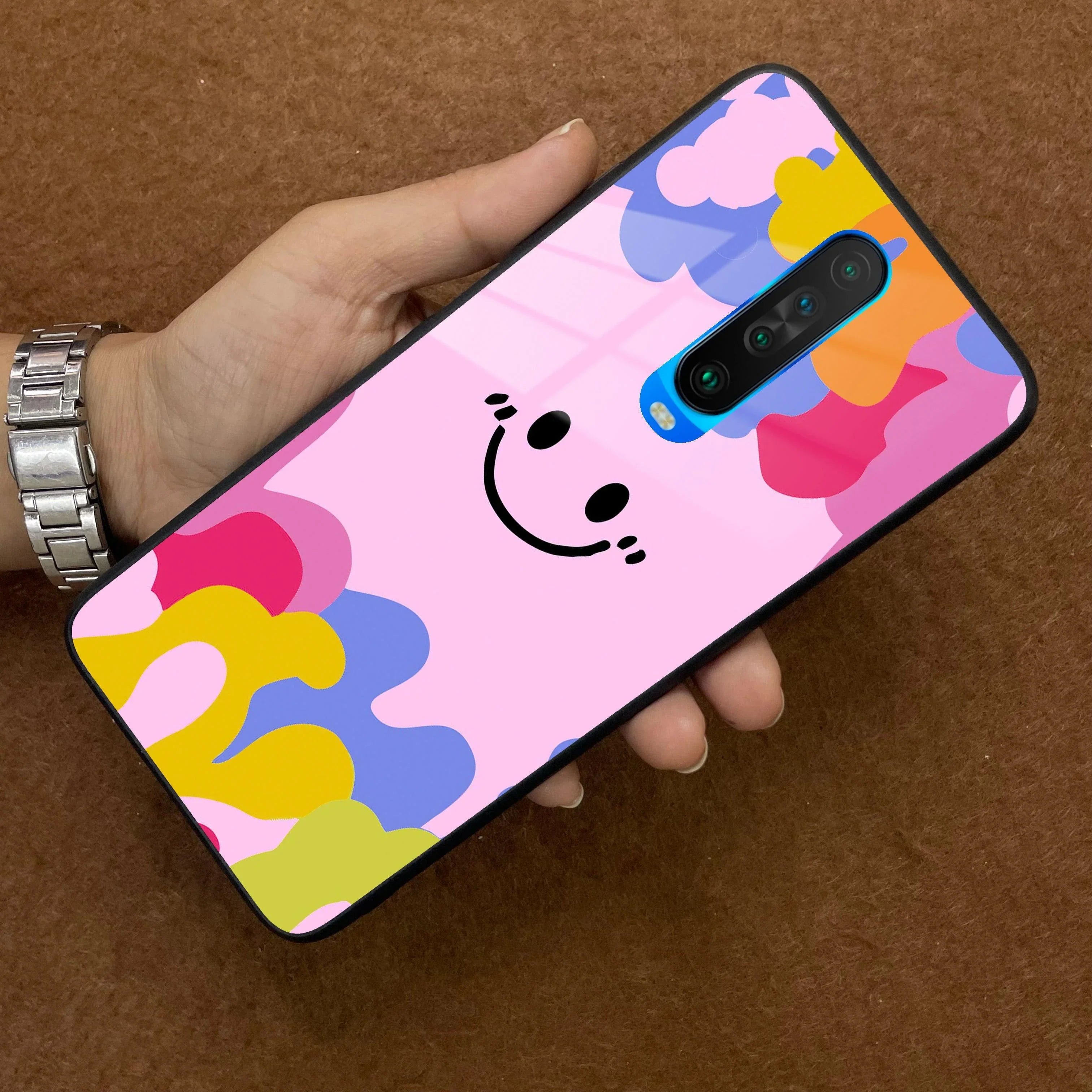 Cute Pink Smiley Multicolor Glass Case For Poco - ShopOnCliQ