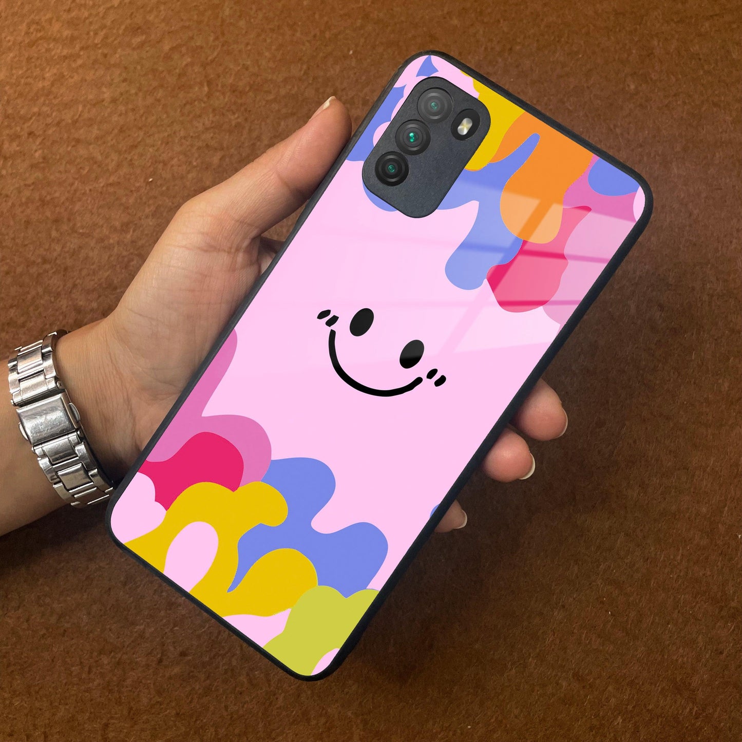 Cute Pink Smiley Multicolor Glass Case For Poco ShopOnCliQ