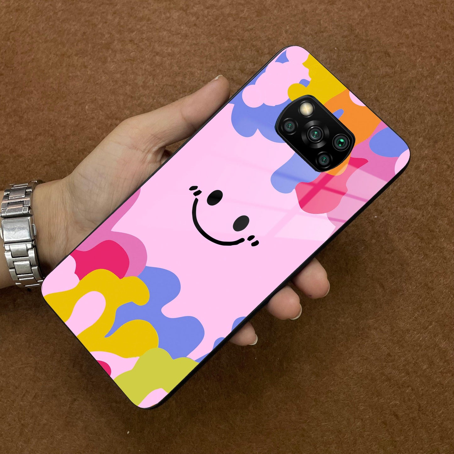 Cute Pink Smiley Multicolor Glass Case For Poco ShopOnCliQ