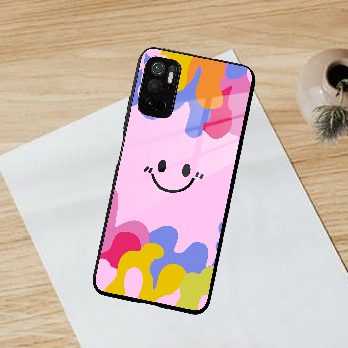 Cute Pink Smiley Multicolor Glass Case For Poco ShopOnCliQ