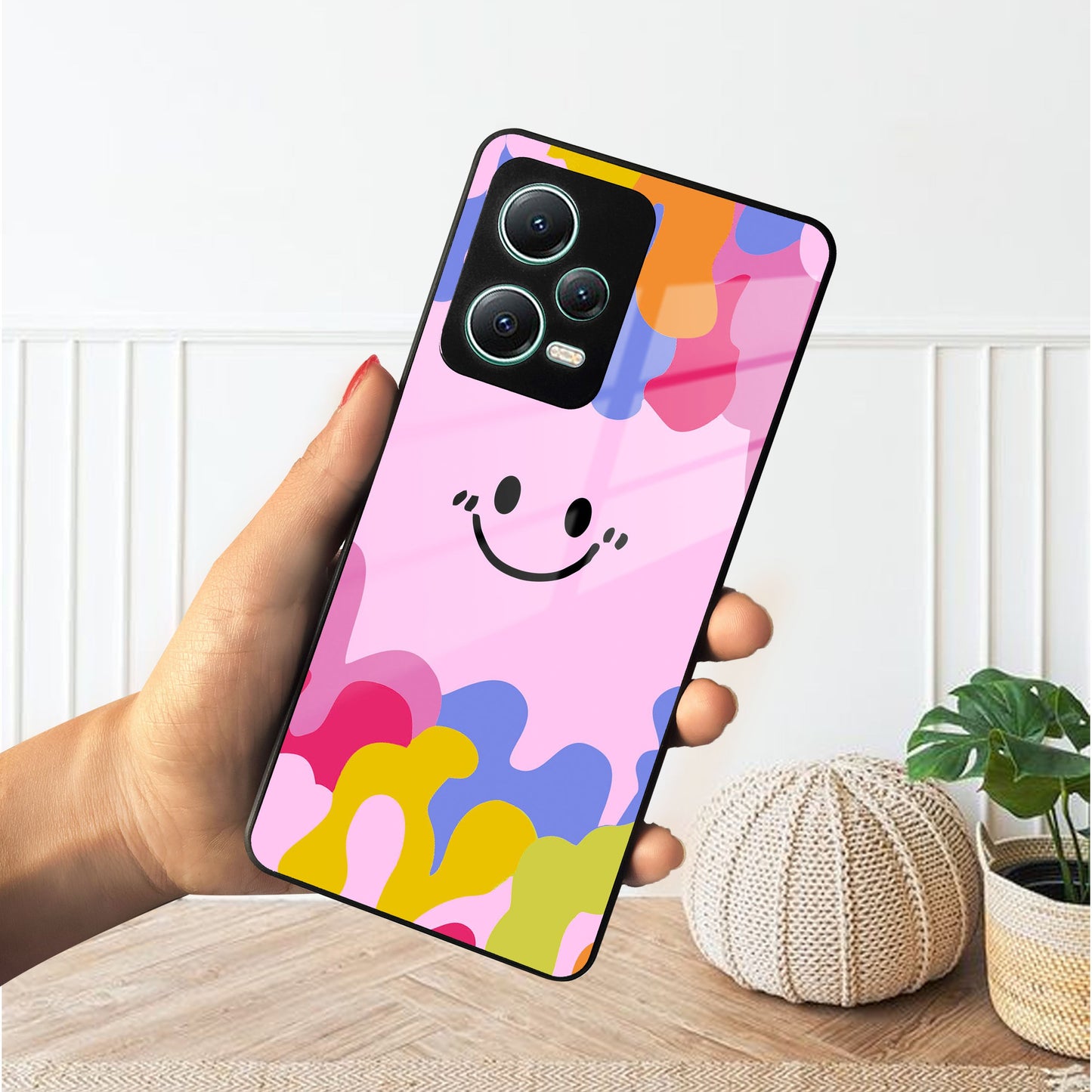 Cute Pink Smiley Multicolor Glass Case For Poco ShopOnCliQ