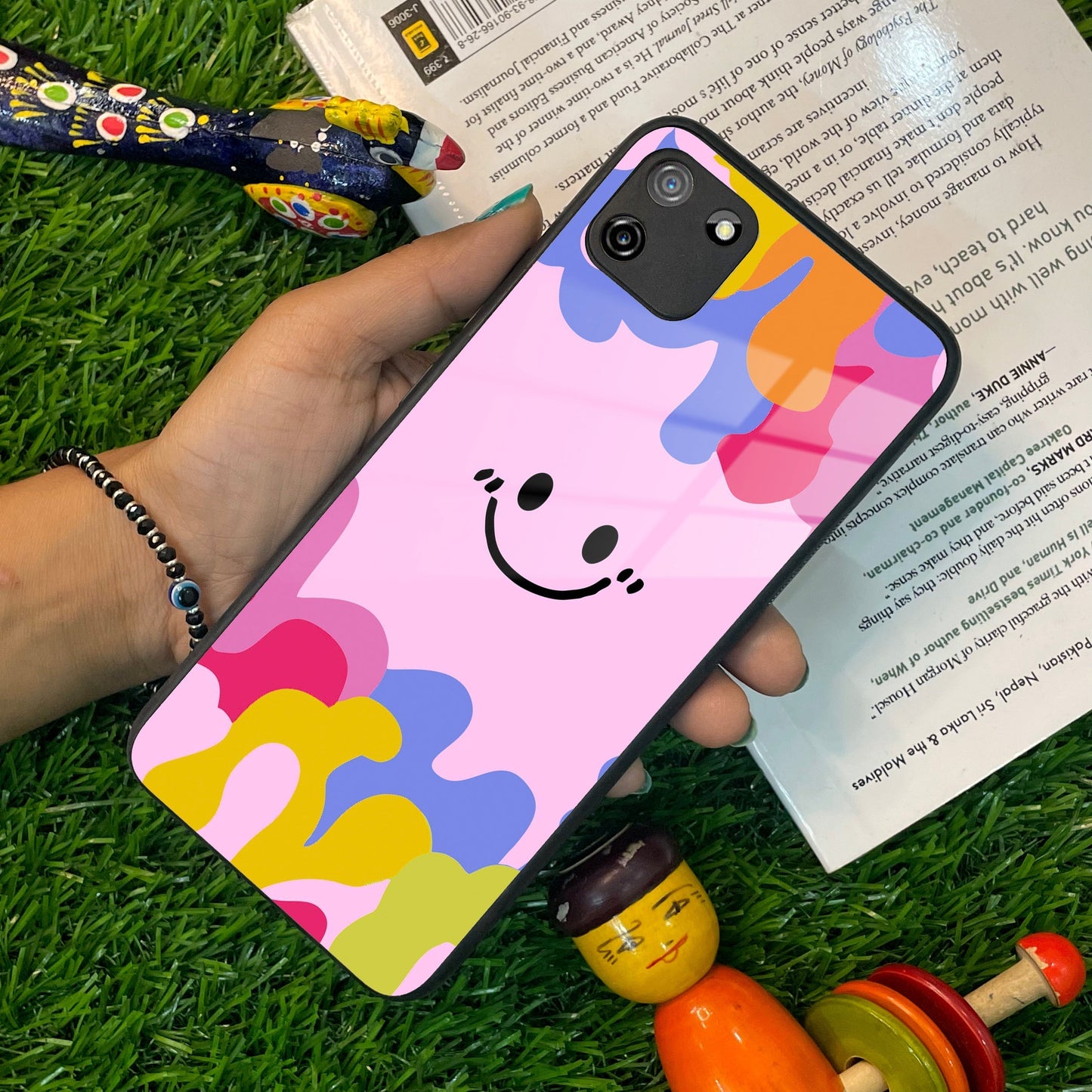 Cute Pink Smiley Multicolor Glass Case For Realme/Narzo ShopOnCliQ