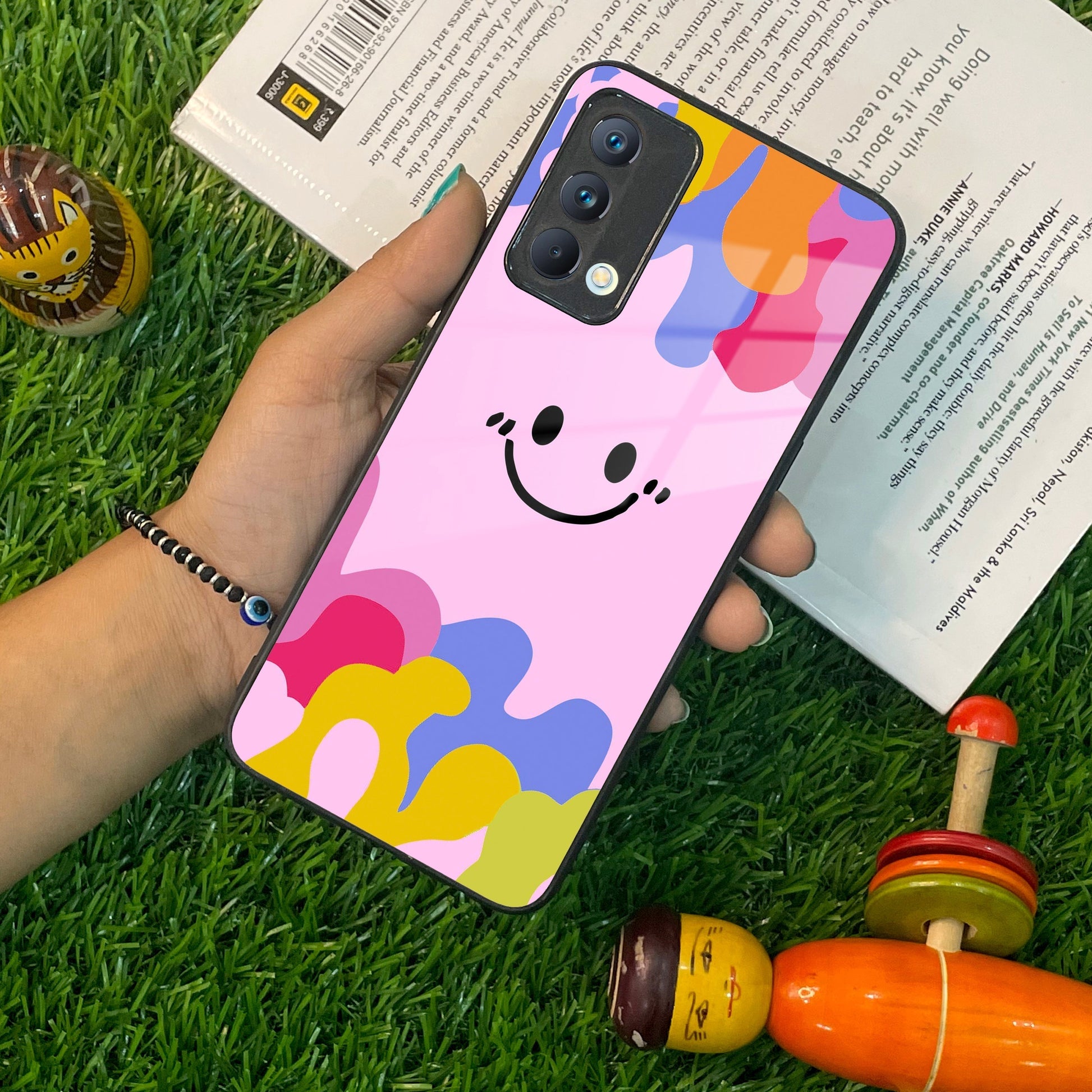 Cute Pink Smiley Multicolor Glass Case For Realme/Narzo ShopOnCliQ