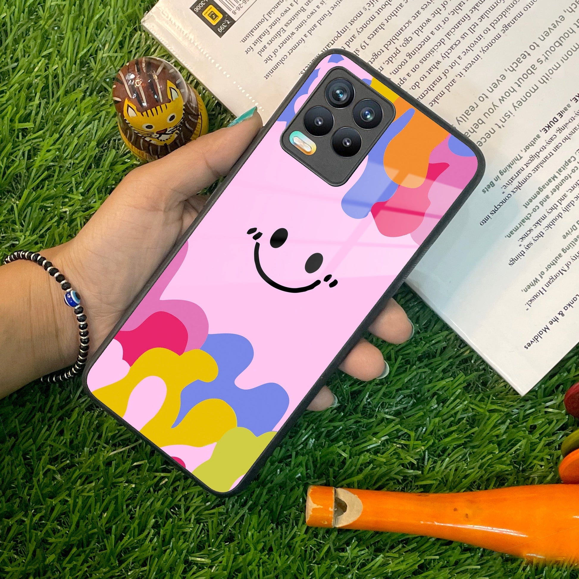 Cute Pink Smiley Multicolor Glass Case For Realme/Narzo ShopOnCliQ