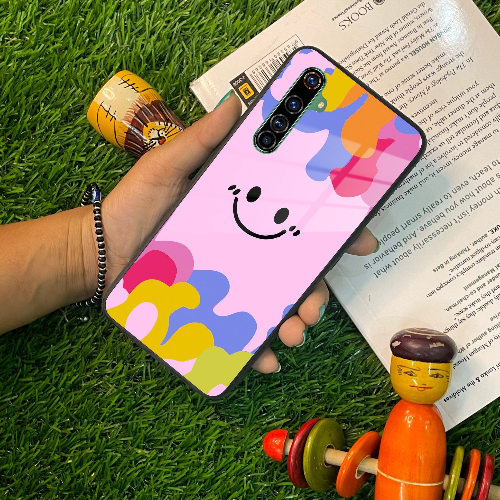 Cute Pink Smiley Multicolor Glass Case For Realme/Narzo ShopOnCliQ