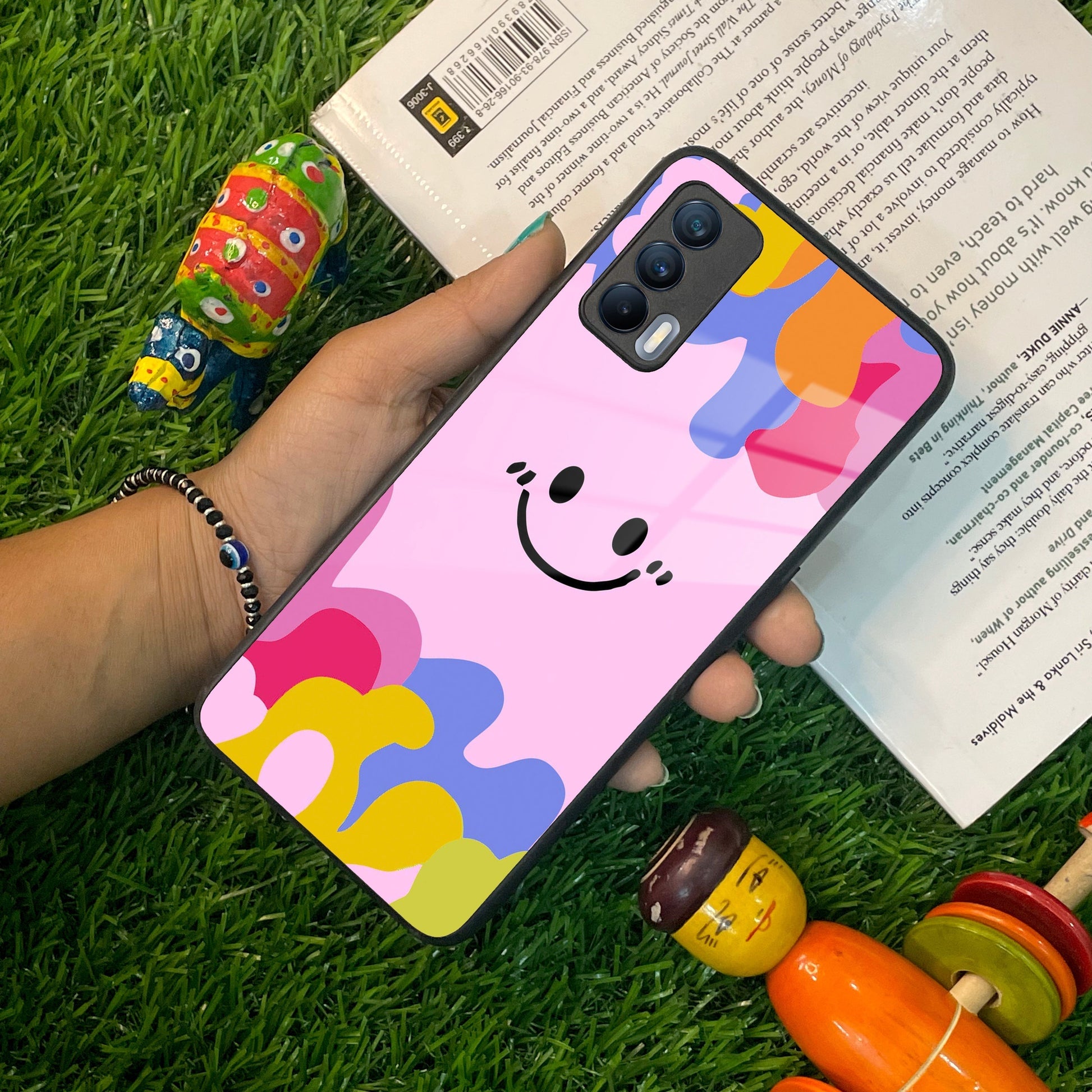 Cute Pink Smiley Multicolor Glass Case For Realme/Narzo ShopOnCliQ