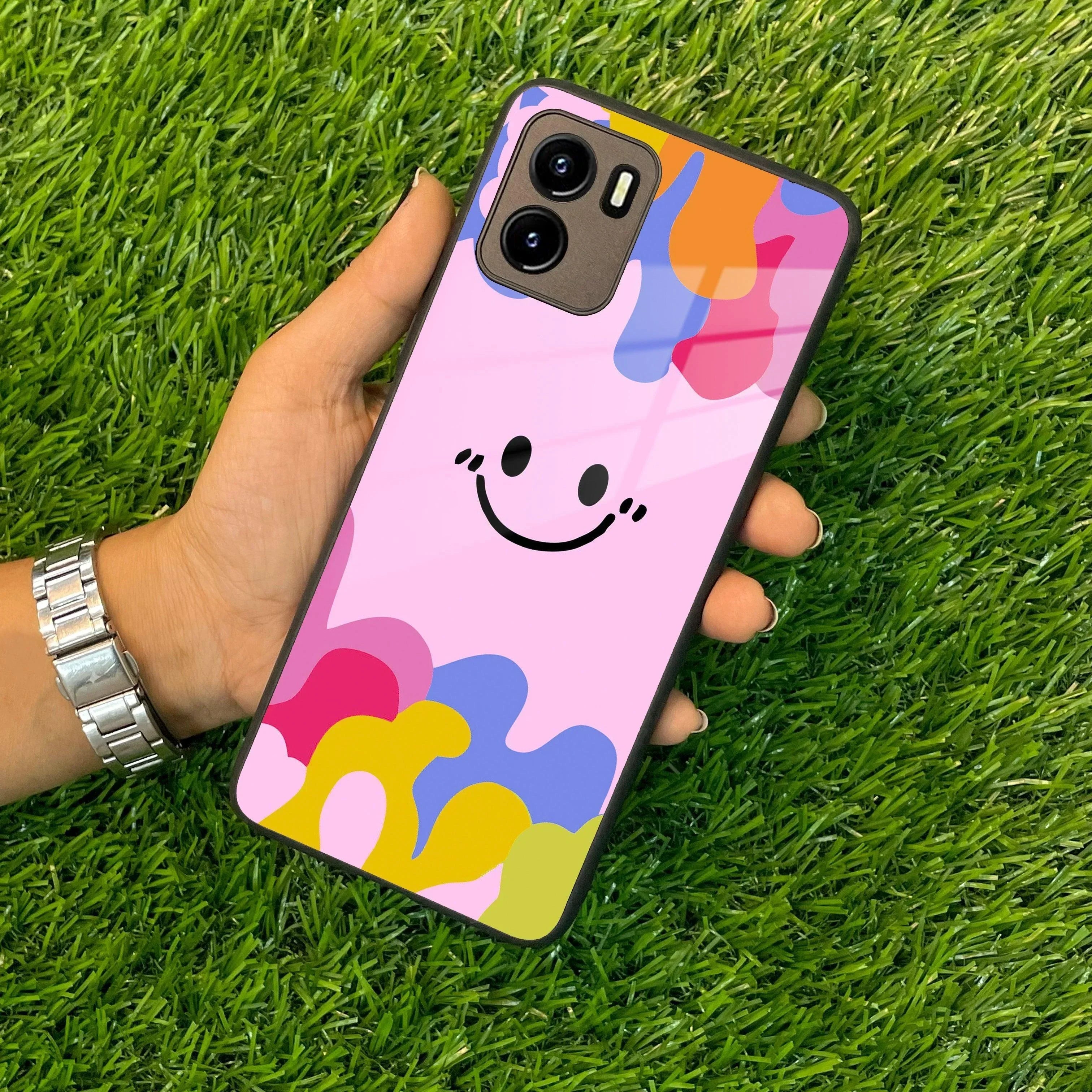Cute Pink Smiley Multicolor Glass Case For Vivo - ShopOnCliQ