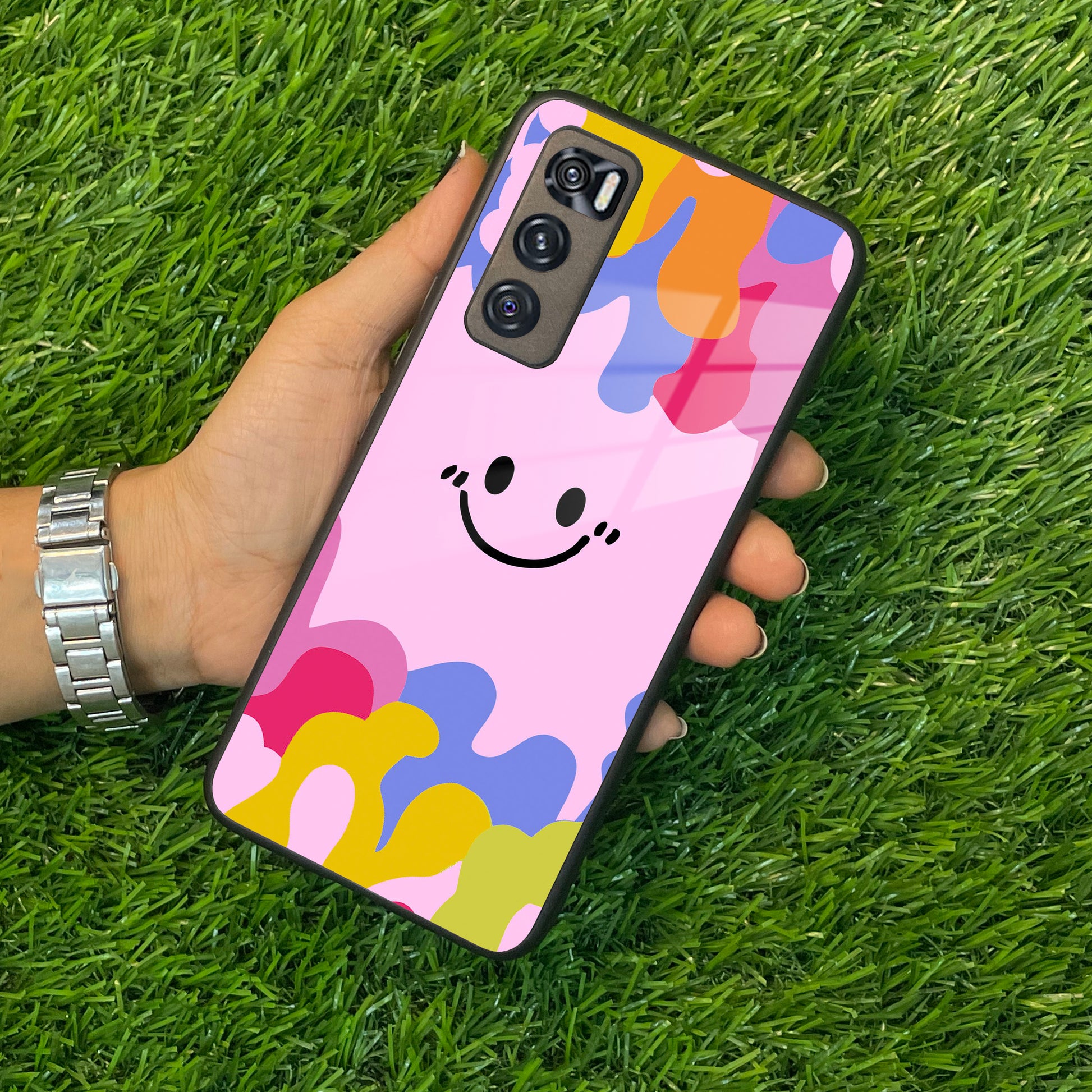 Cute Pink Smiley Multicolor Glass Case For Vivo ShopOnCliQ