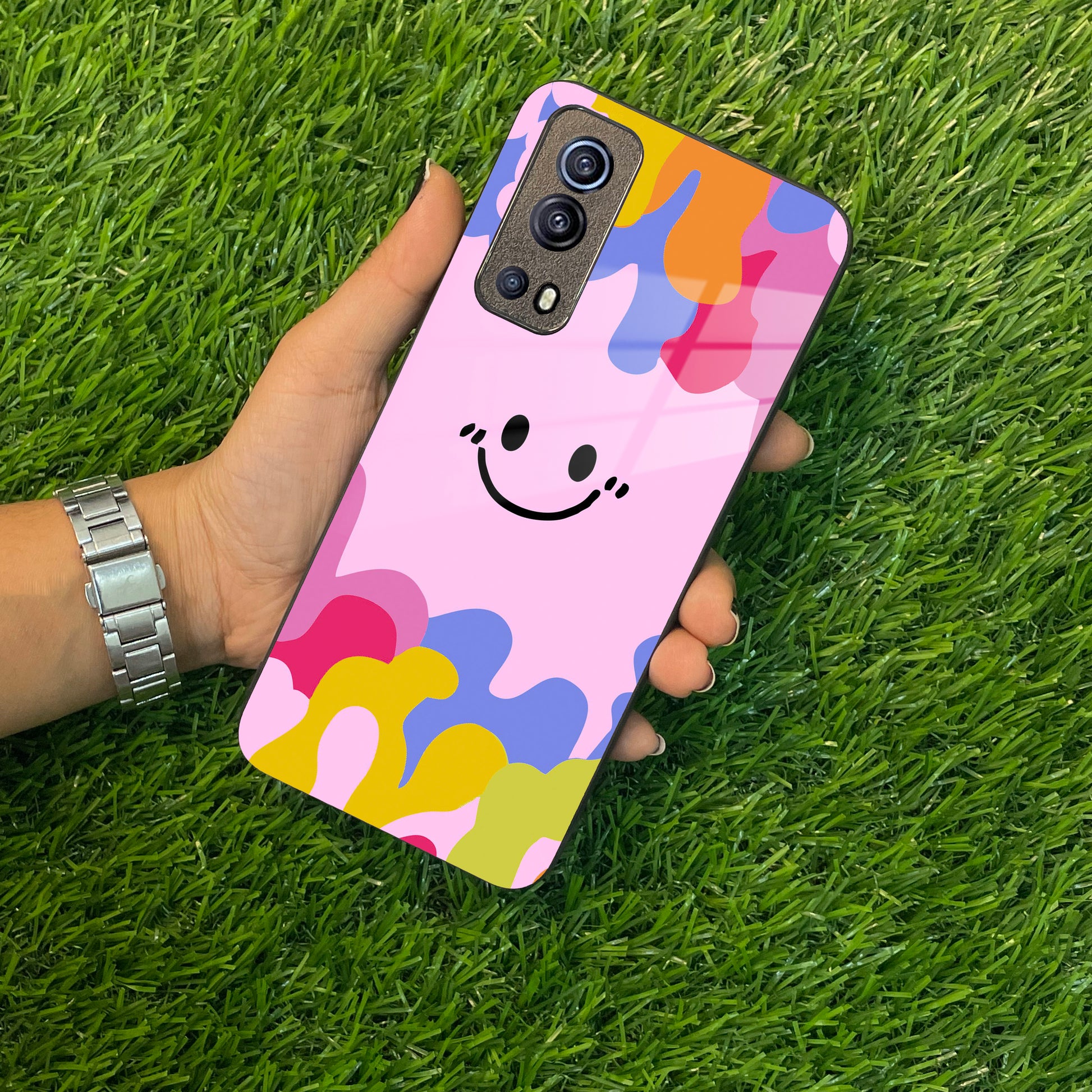 Cute Pink Smiley Multicolor Glass Case For Vivo ShopOnCliQ