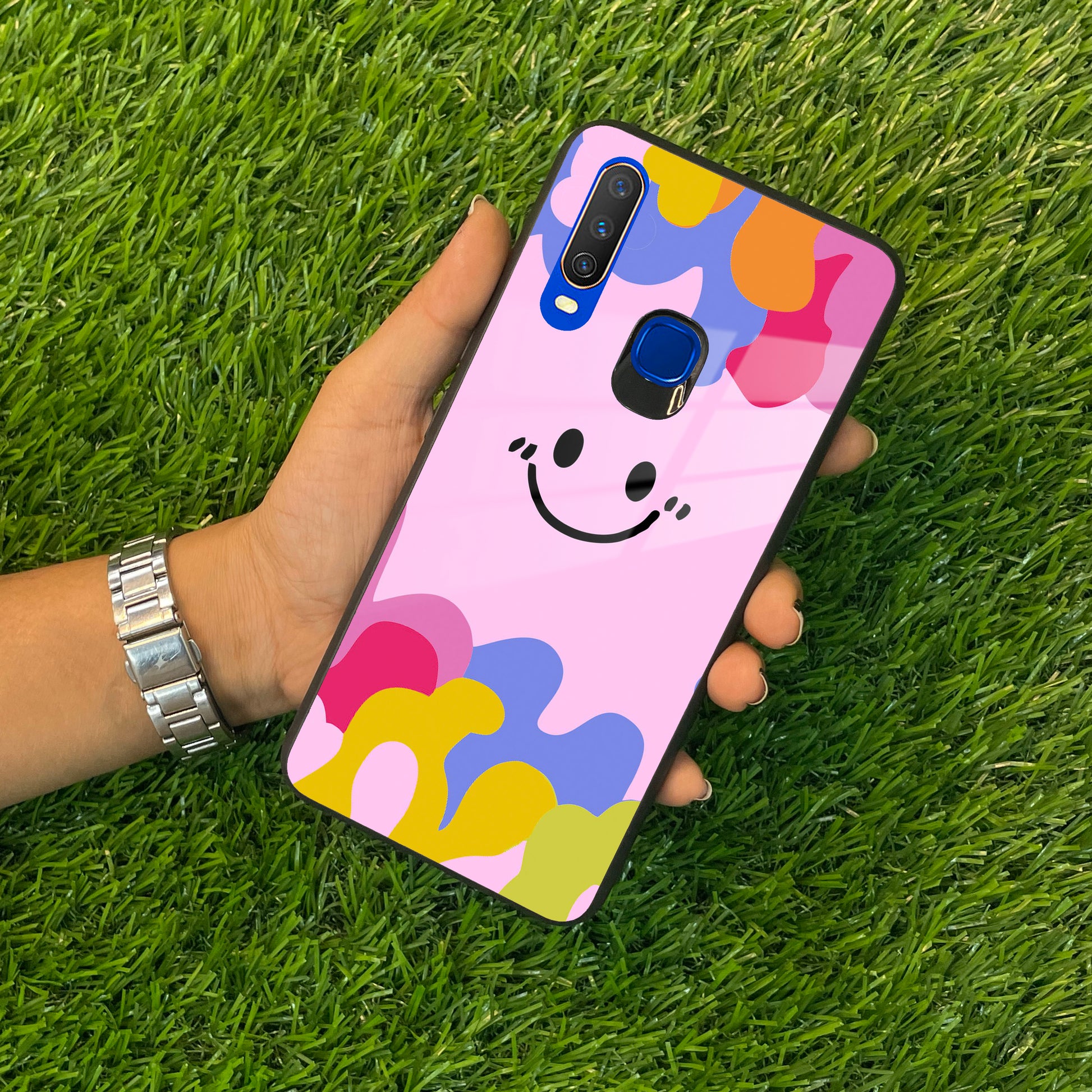 Cute Pink Smiley Multicolor Glass Case For Vivo ShopOnCliQ