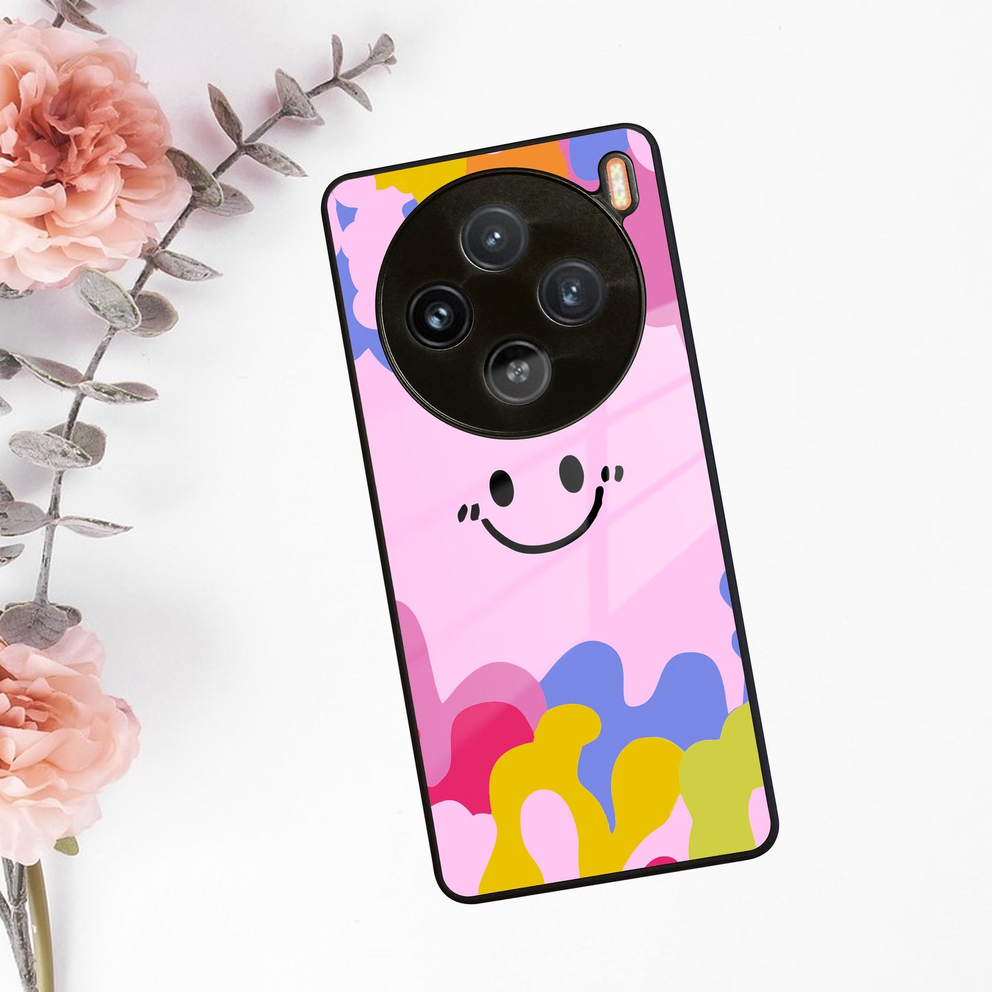 Cute Pink Smiley Multicolor Glass Case For Vivo ShopOnCliQ