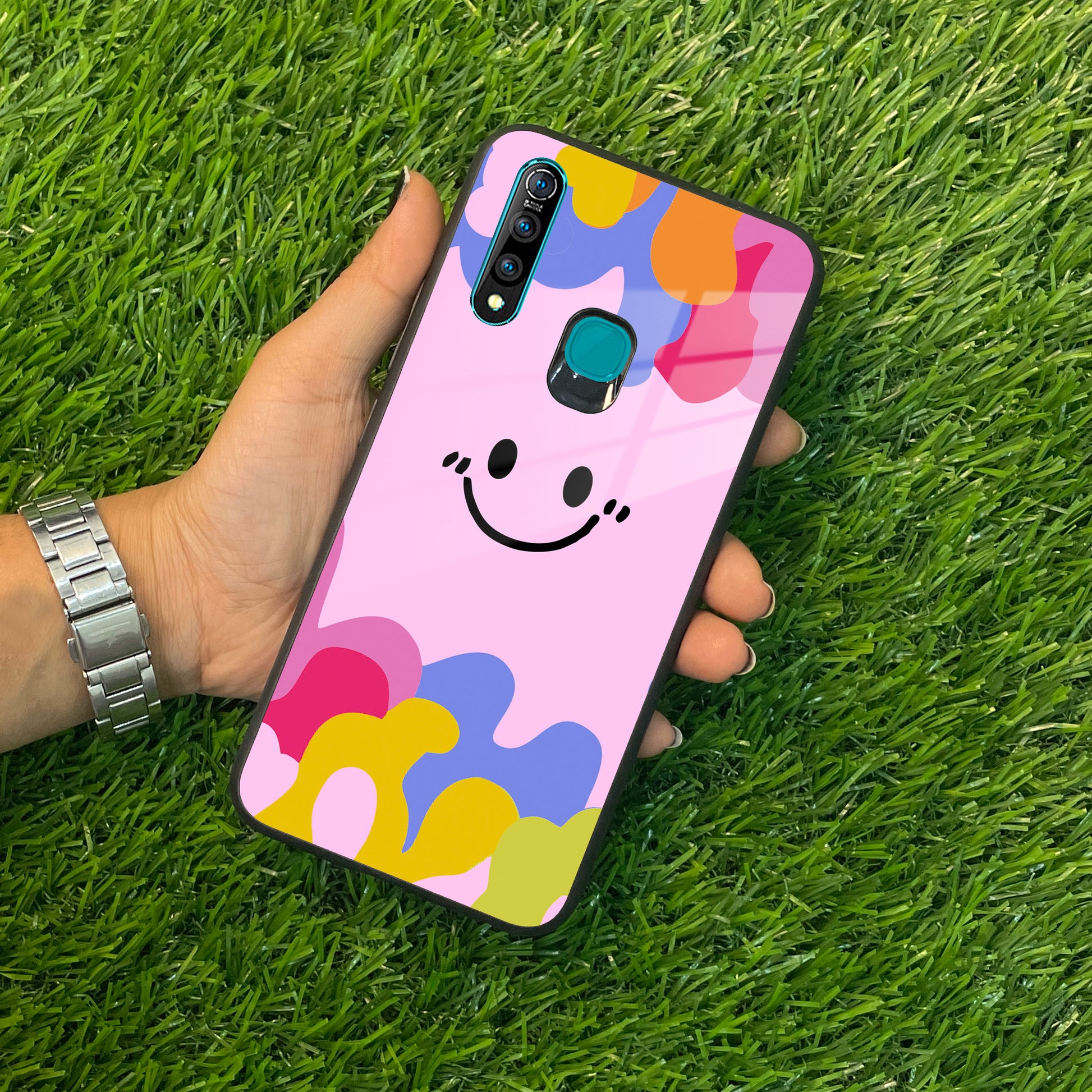 Cute Pink Smiley Multicolor Glass Case For Vivo ShopOnCliQ