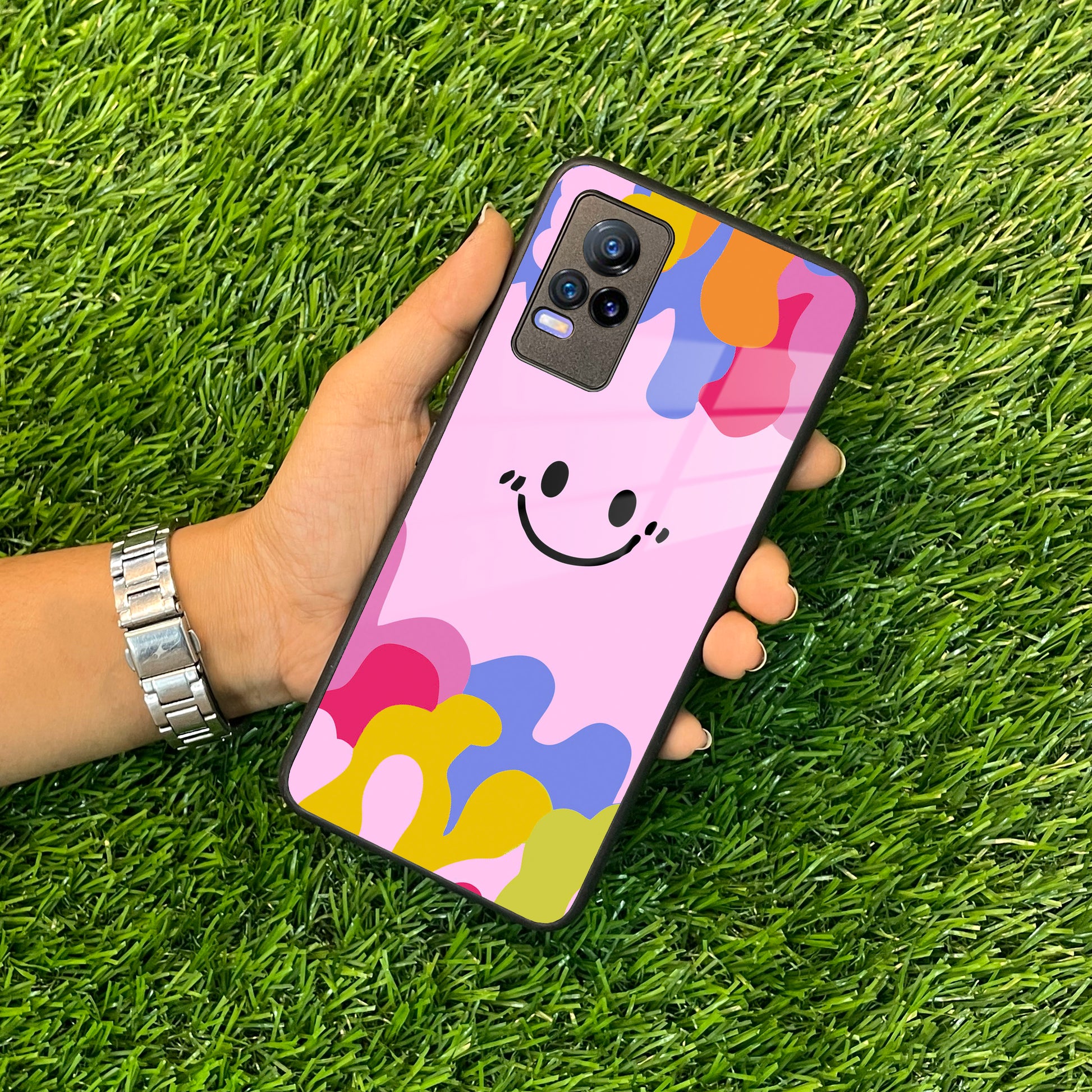 Cute Pink Smiley Multicolor Glass Case For Vivo ShopOnCliQ