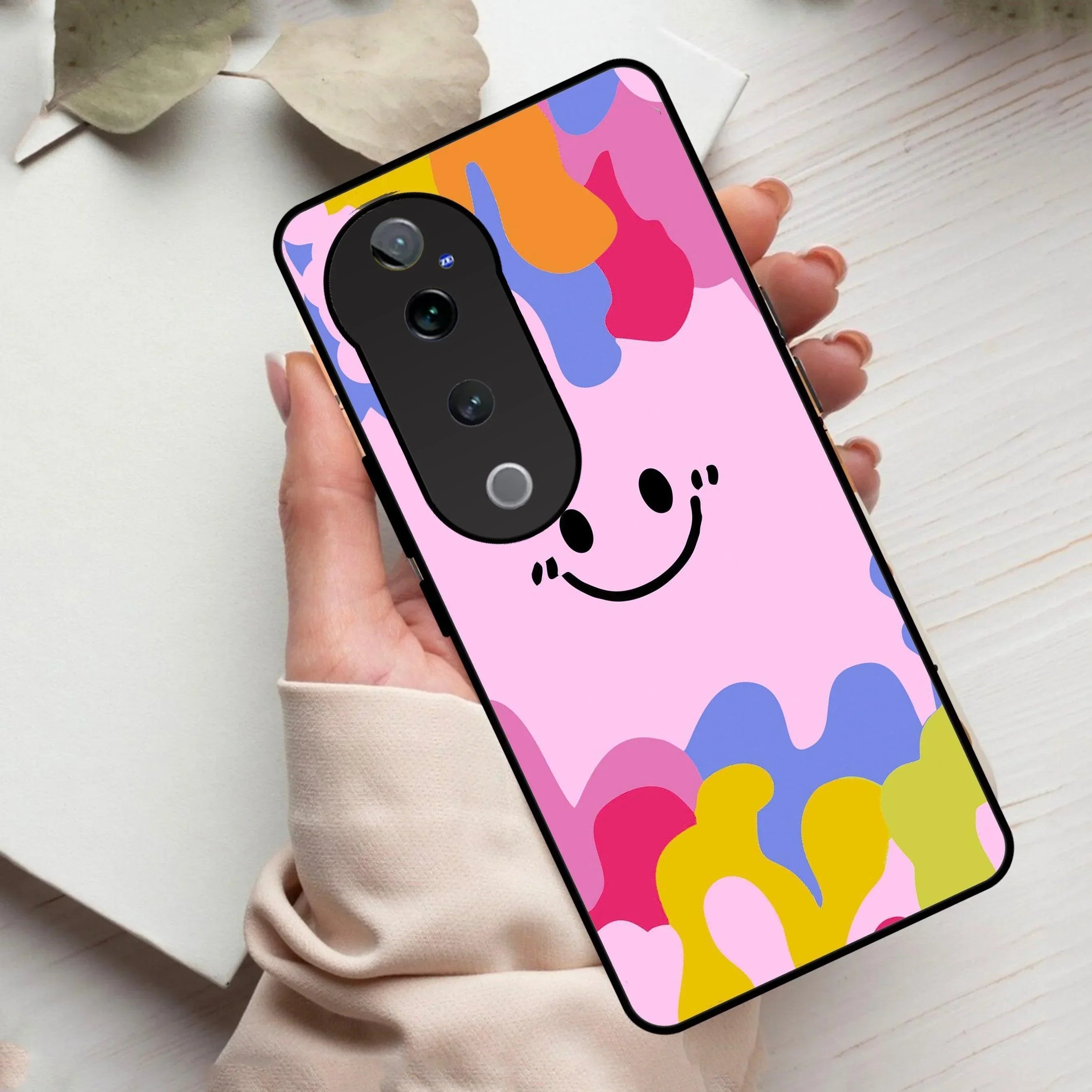 Cute Pink Smiley Multicolor Glass Case For Vivo - ShopOnCliQ