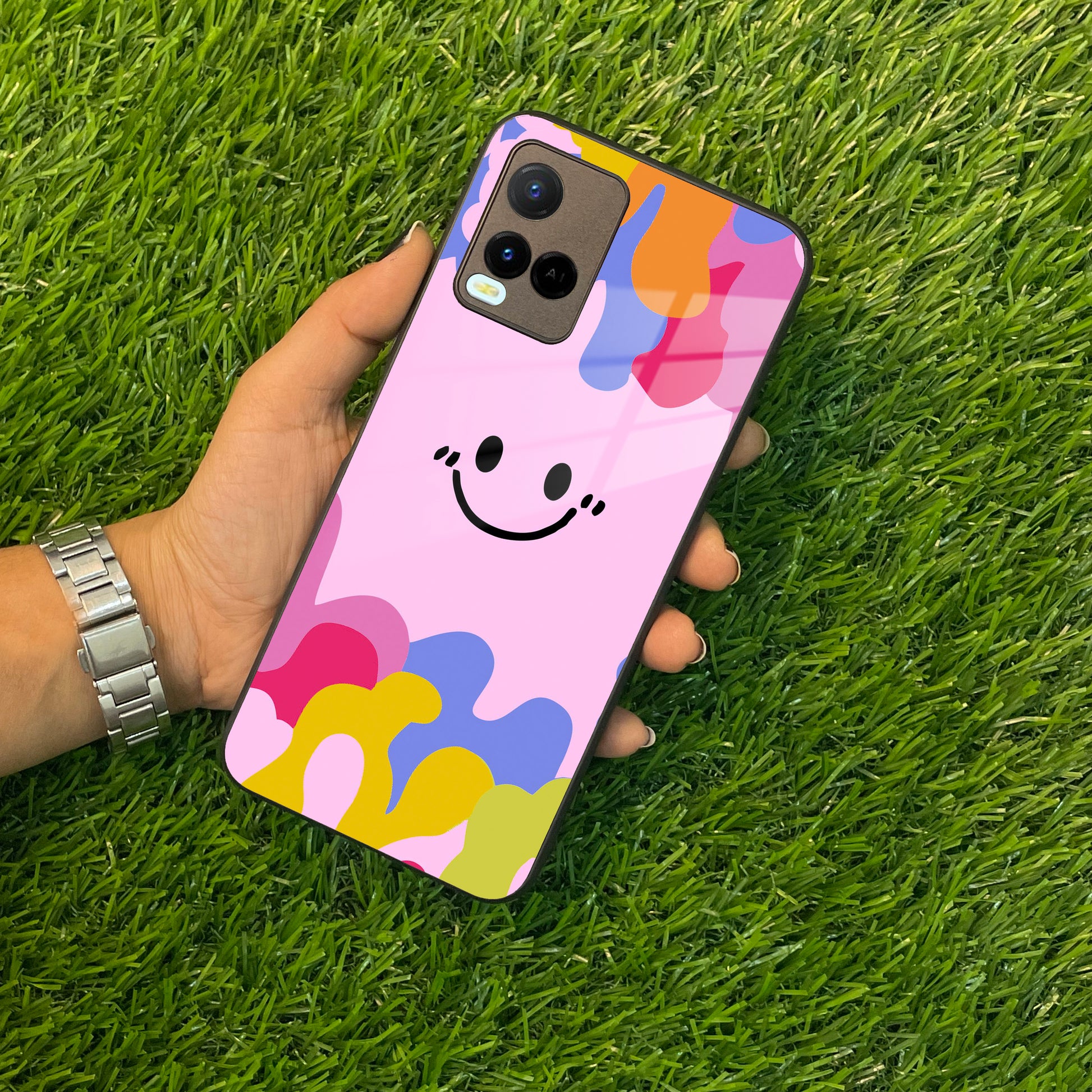 Cute Pink Smiley Multicolor Glass Case For Vivo ShopOnCliQ