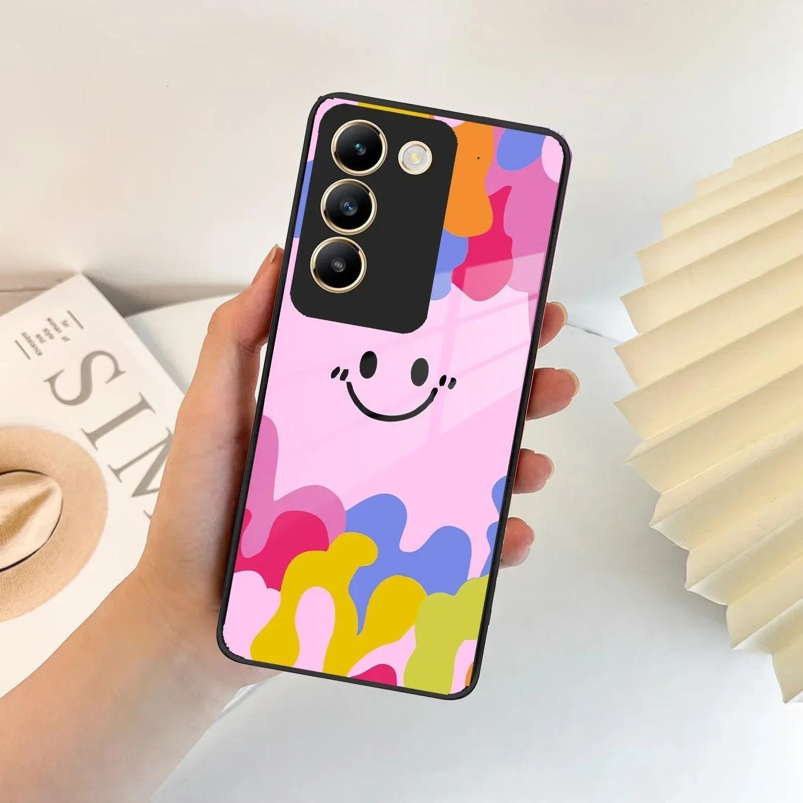 Cute Pink Smiley Multicolor Glass Case For Vivo - ShopOnCliQ