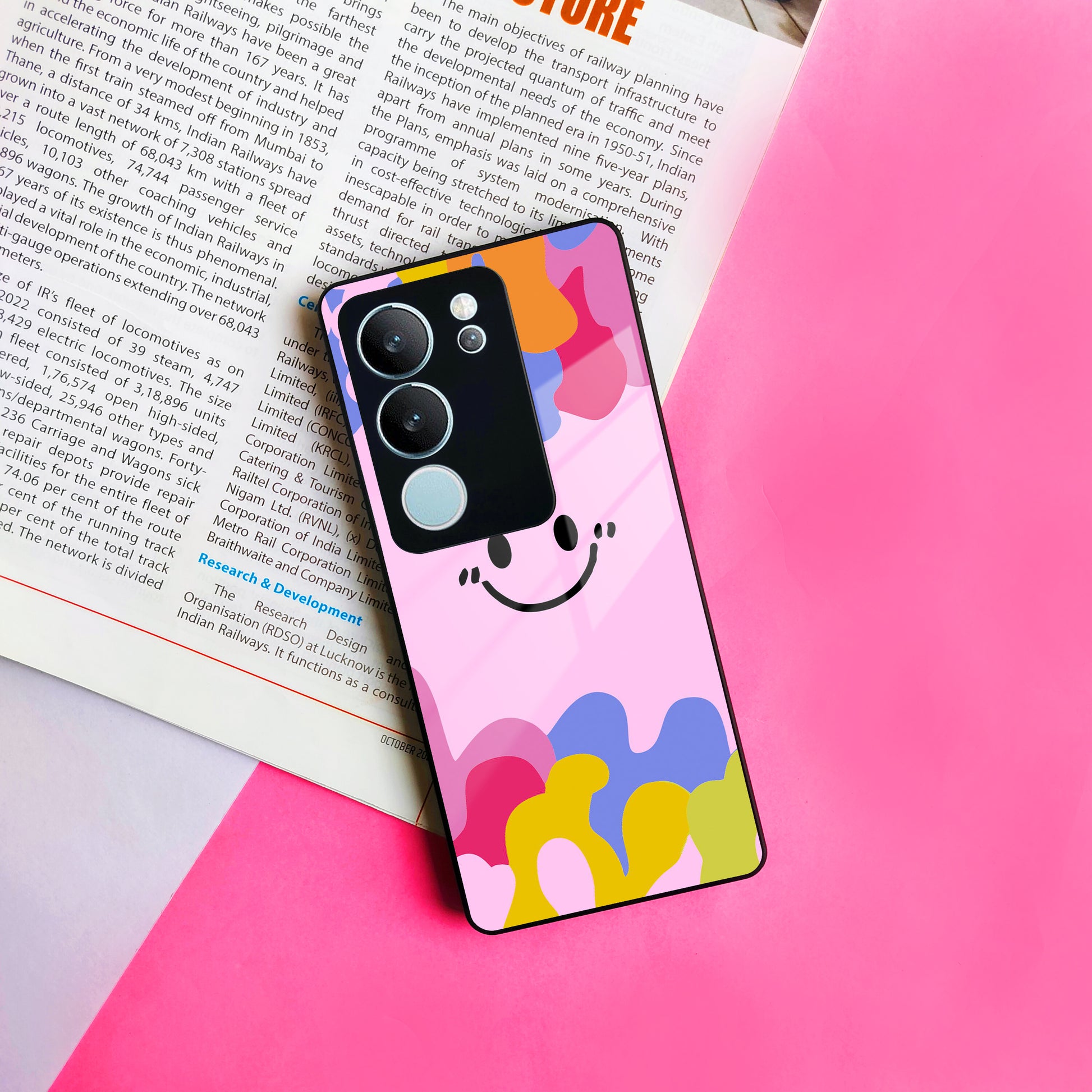 Cute Pink Smiley Multicolor Glass Case For Vivo ShopOnCliQ