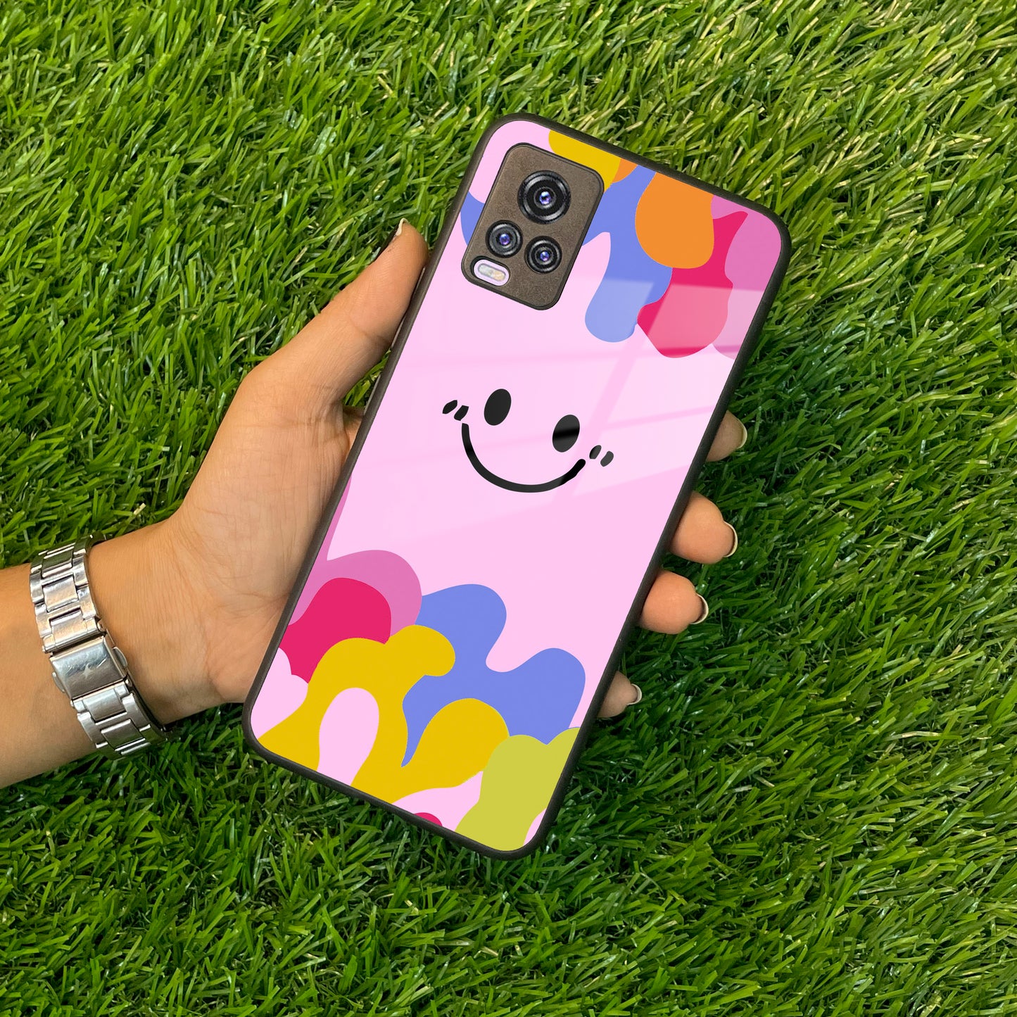 Cute Pink Smiley Multicolor Glass Case For Vivo ShopOnCliQ