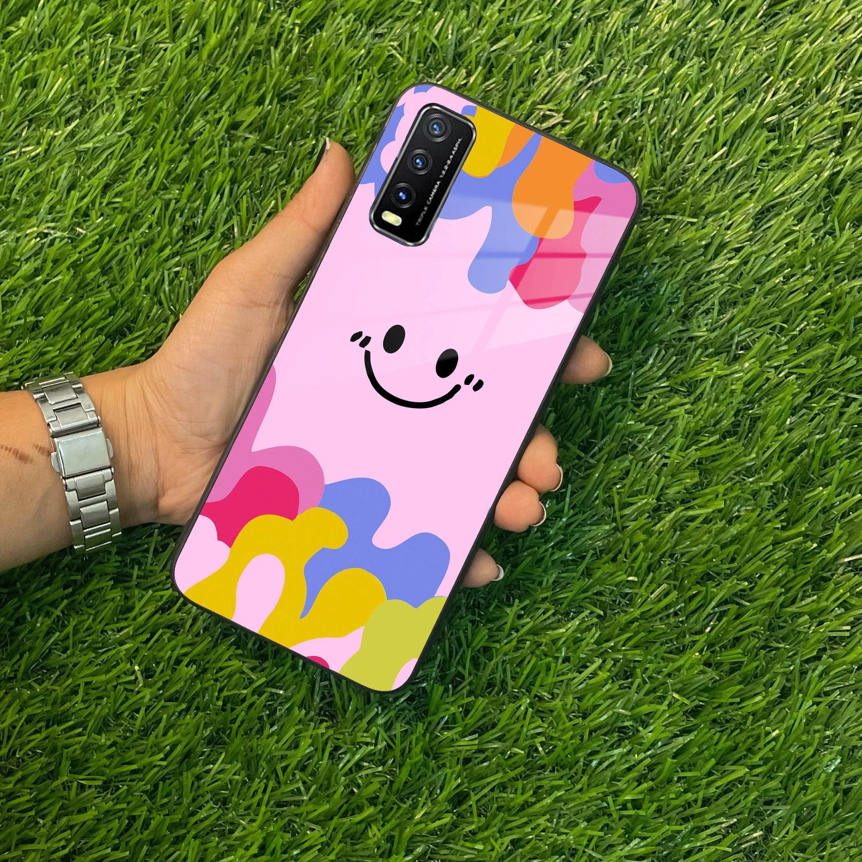 Cute Pink Smiley Multicolor Glass Case For Vivo - ShopOnCliQ