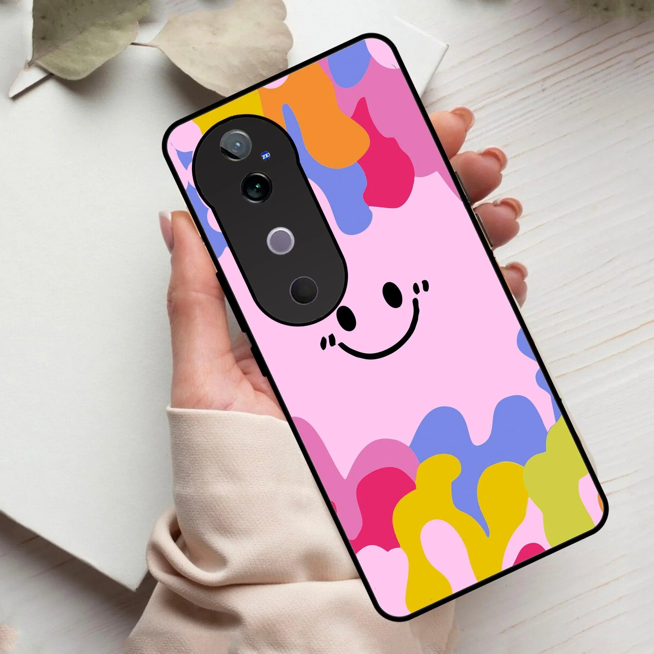 Cute Pink Smiley Multicolor Glass Case For Vivo - ShopOnCliQ