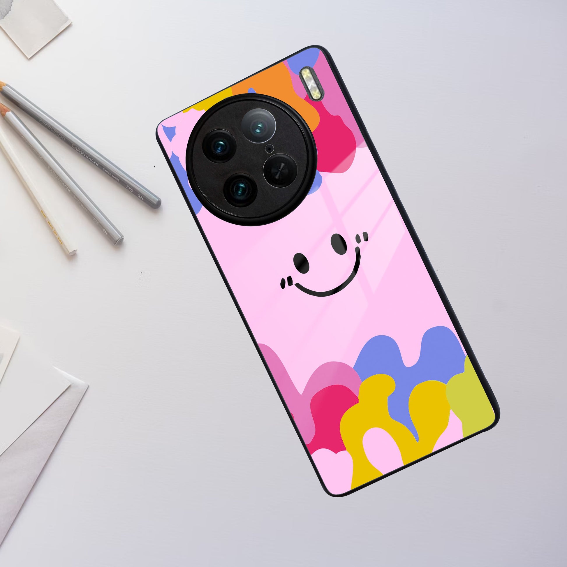 Cute Pink Smiley Multicolor Glass Case For Vivo ShopOnCliQ