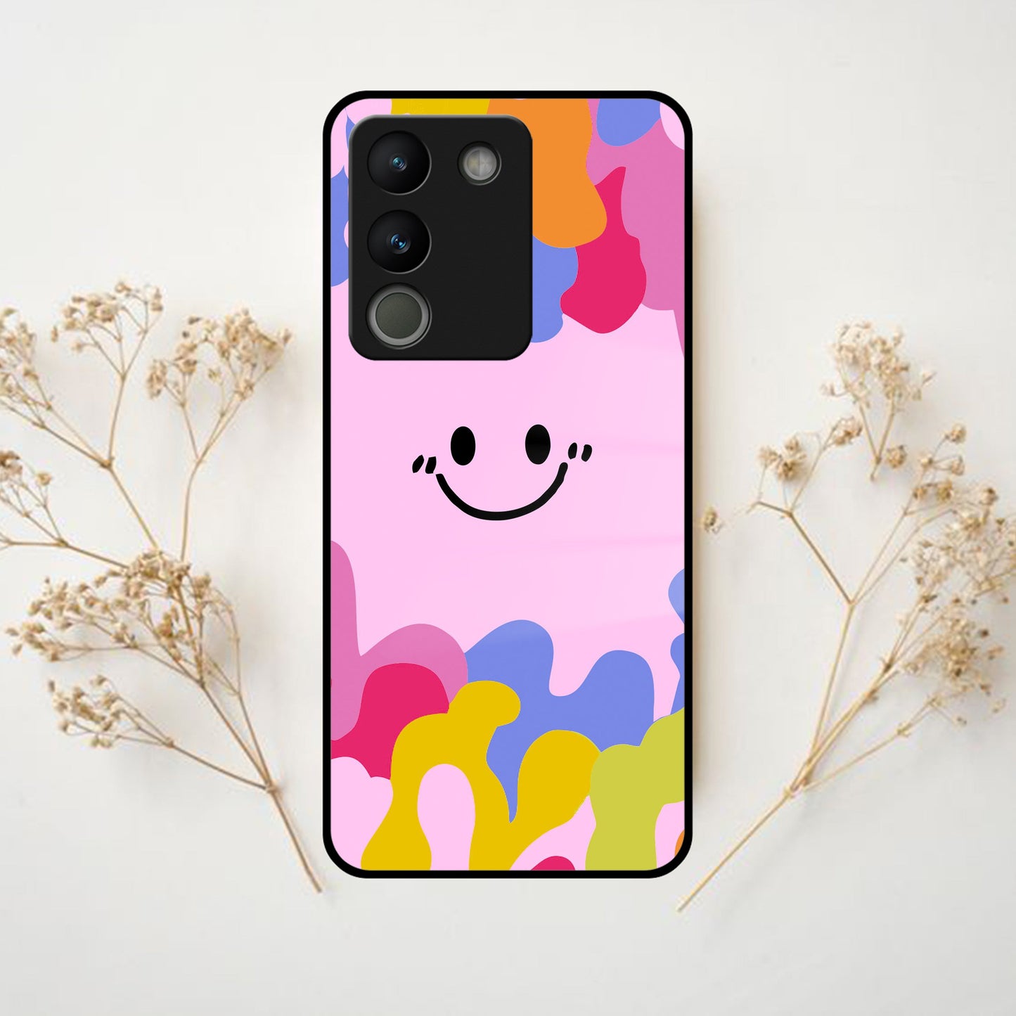 Cute Pink Smiley Multicolor Glass Case For Vivo ShopOnCliQ