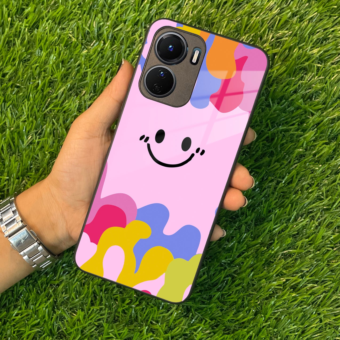 Cute Pink Smiley Multicolor Glass Case For Vivo ShopOnCliQ