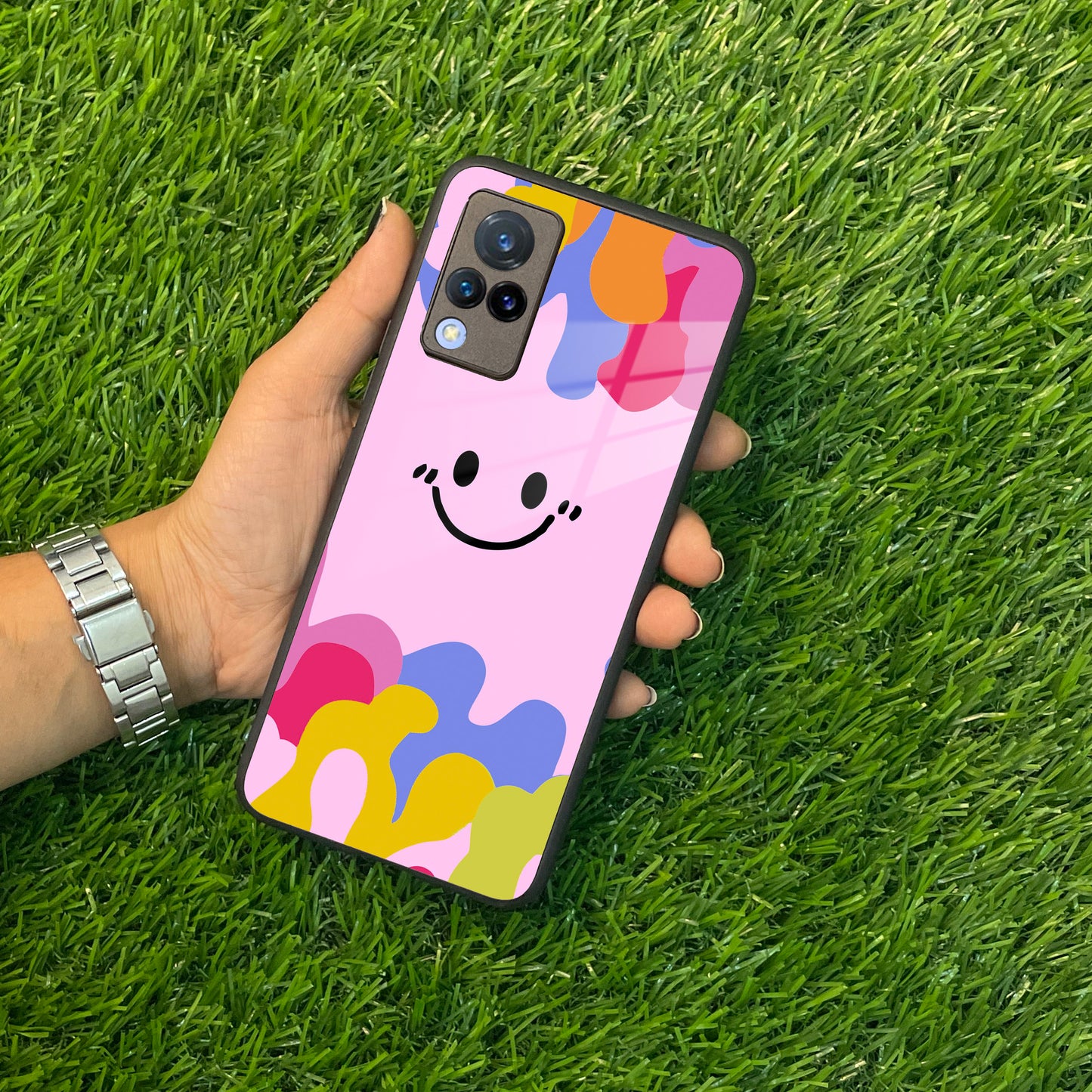 Cute Pink Smiley Multicolor Glass Case For Vivo ShopOnCliQ