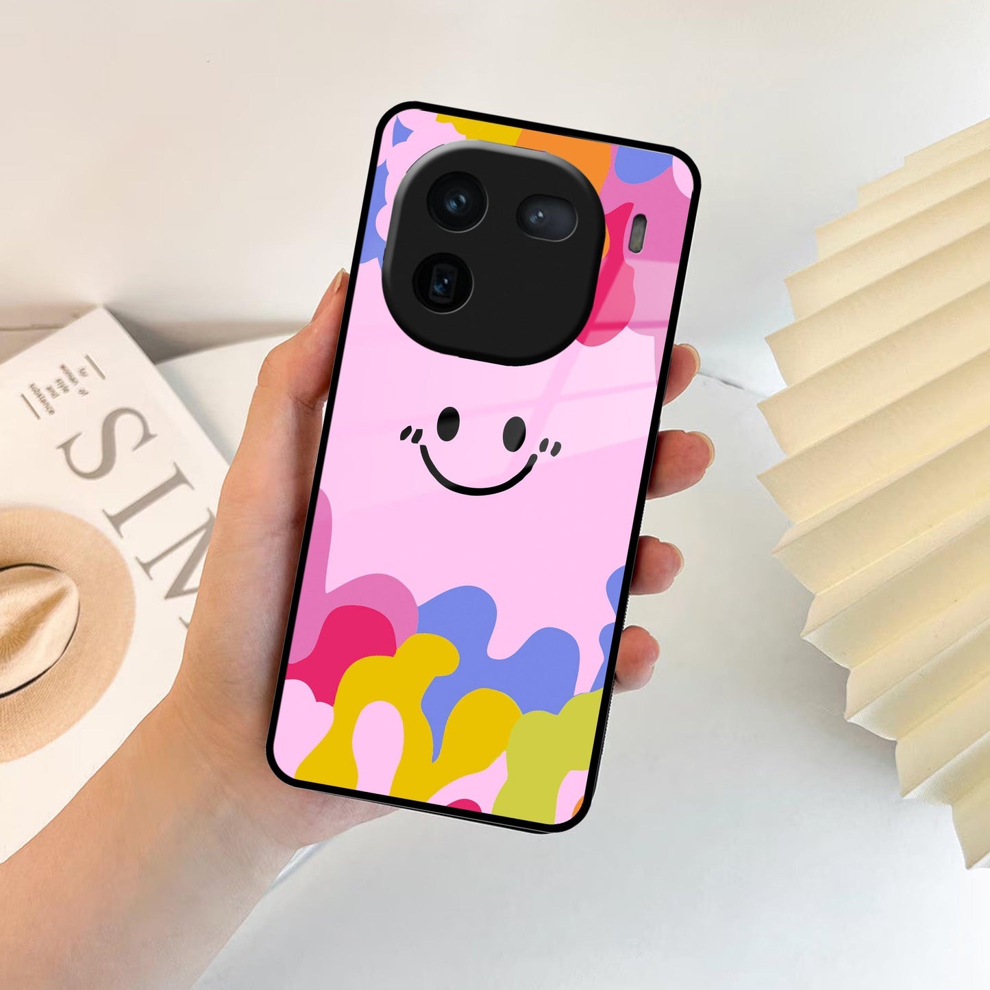 Cute Pink Smiley Multicolor Glass Case For iQOO