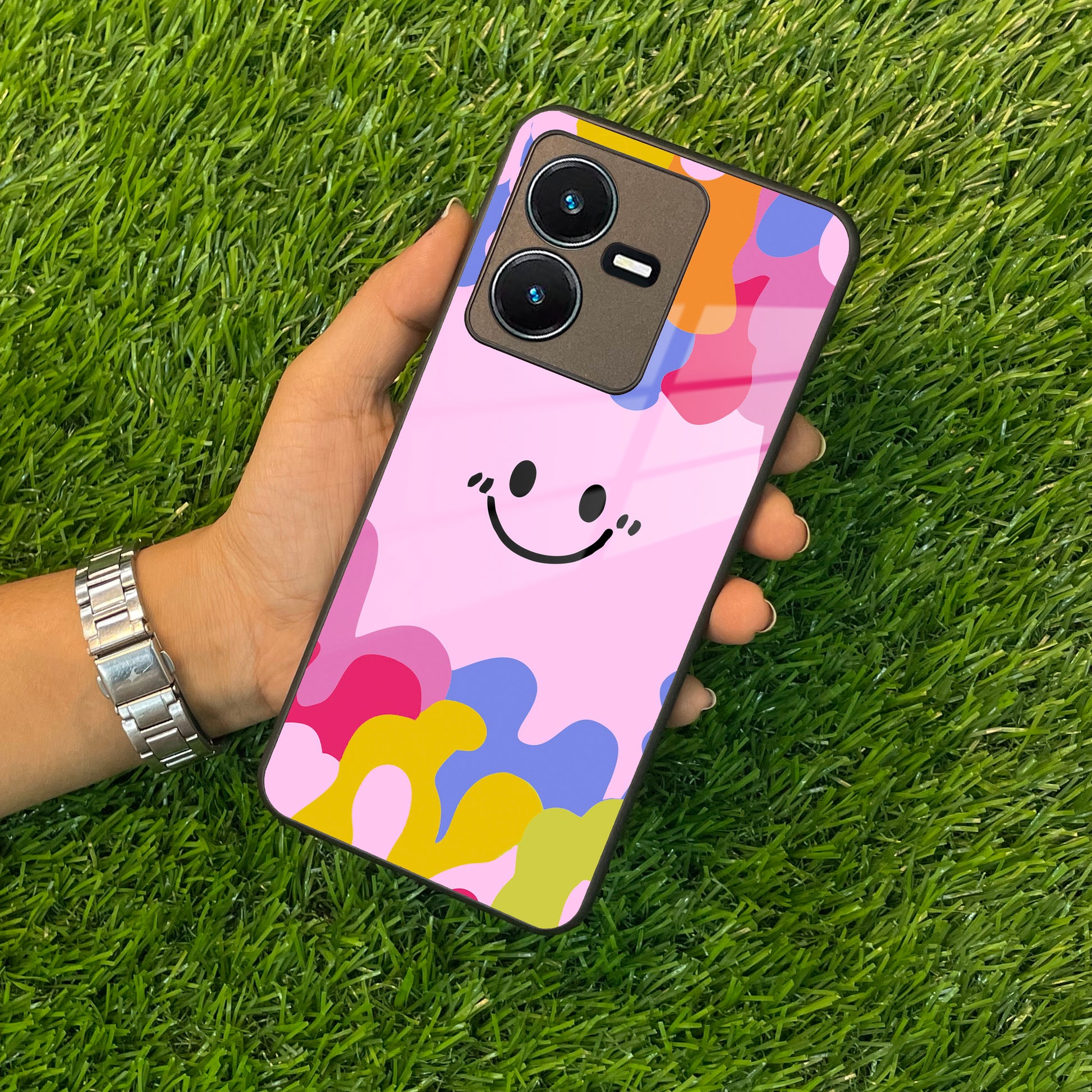 Cute Pink Smiley Multicolor Glass Case For Vivo ShopOnCliQ