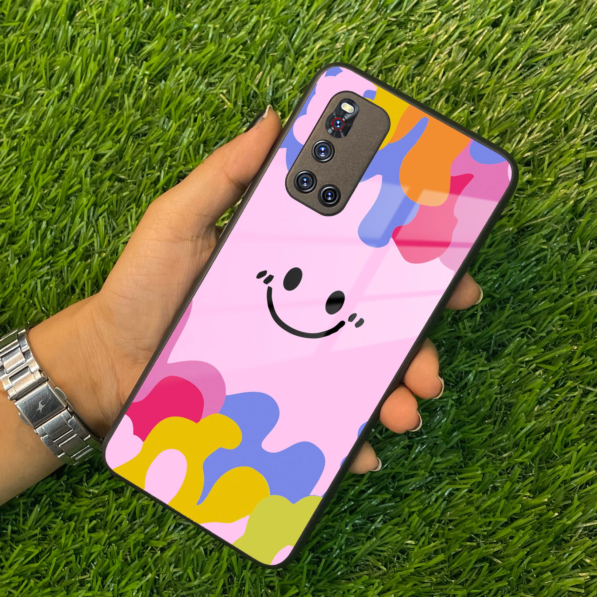 Cute Pink Smiley Multicolor Glass Case For Vivo ShopOnCliQ